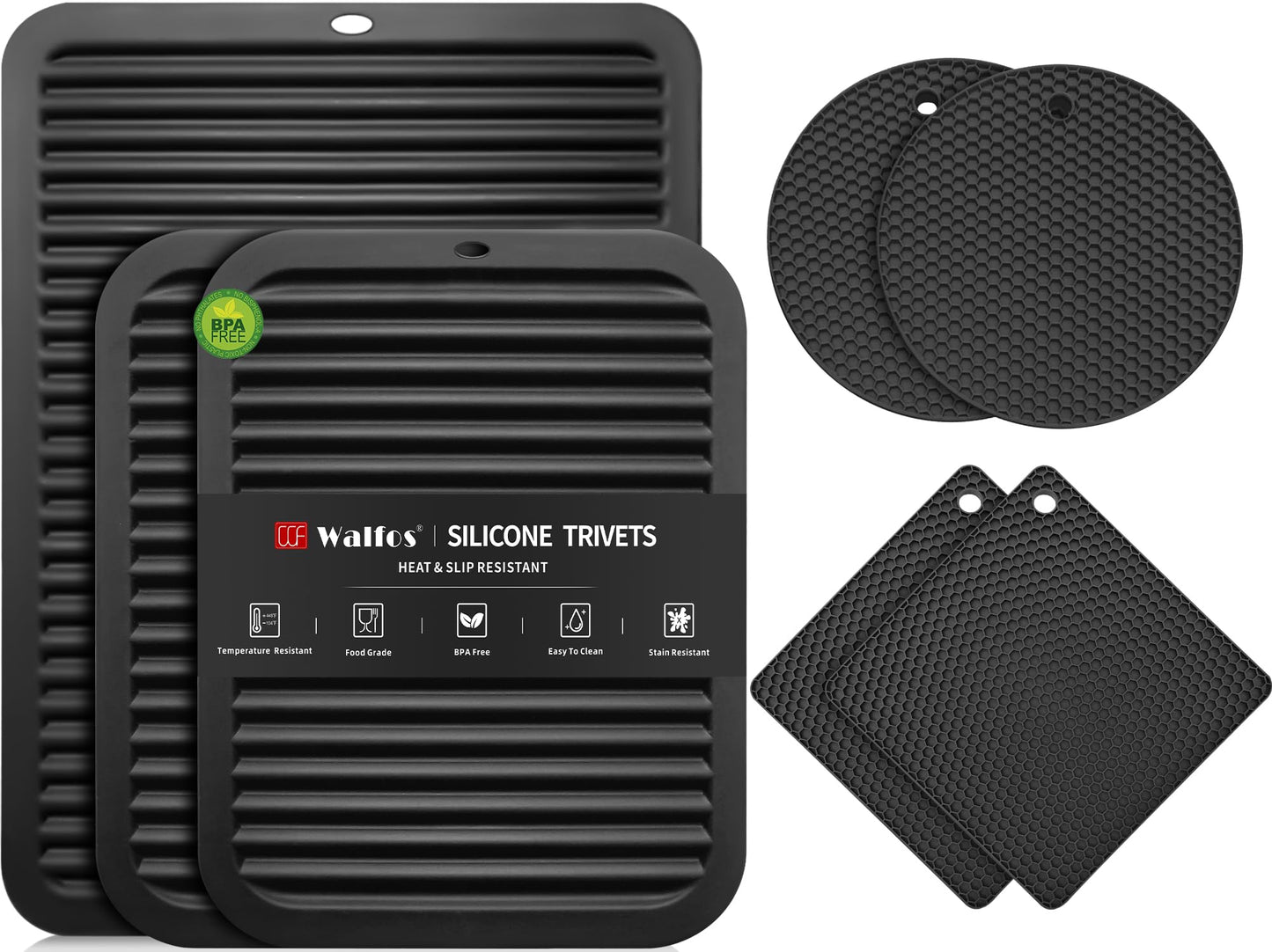 Walfos Silicone Trivet Mats - 4 Heat Resistant Pot Holders, Multipurpose Non-Slip Hot Pads for Kitchen Potholders, Hot Dishers, Jar Opener, Spoon Holder, Food Grade Silicone & BPA Free (Black)
