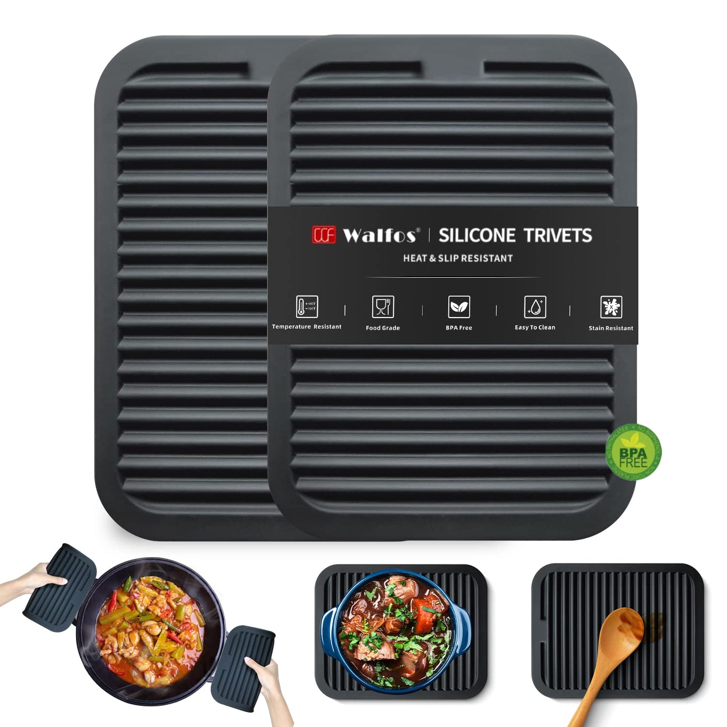 Walfos Silicone Trivet Mats - 4 Heat Resistant Pot Holders, Multipurpose Non-Slip Hot Pads for Kitchen Potholders, Hot Dishers, Jar Opener, Spoon Holder, Food Grade Silicone & BPA Free (Black)