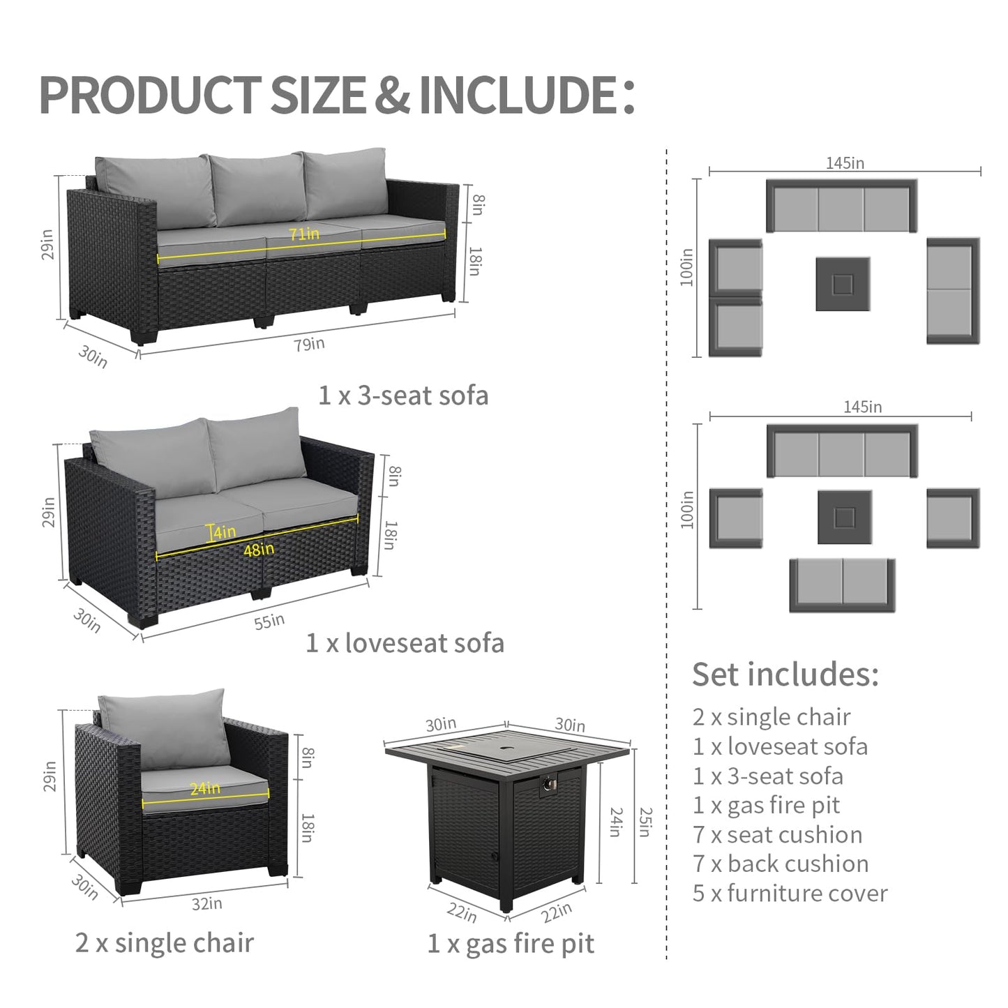 Rattaner 5 Pcs Outdoor Furniture Sets Patio Furniture Set with 45" Fire Pit Patio Couch Outdoor Chairs 60000 BTU Steel Propane Fire Pit Table No-Slip Cushions and Waterproof Covers, Light Grey