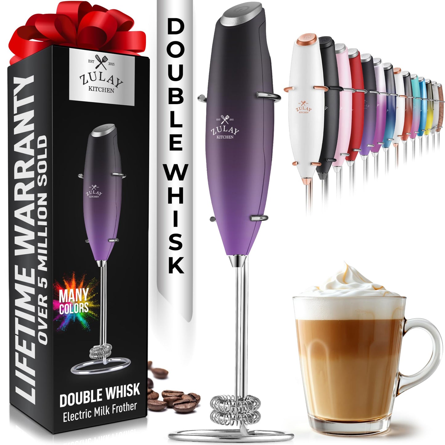Zulay Double Whisk Milk Frother Handheld Mixer - High Powered Frother For Coffee With Improved Motor - Milk Frother Electric Whisk Drink Mixer For Cappuccino, Frappe, Matcha, Twin Whisk - Black/Copper