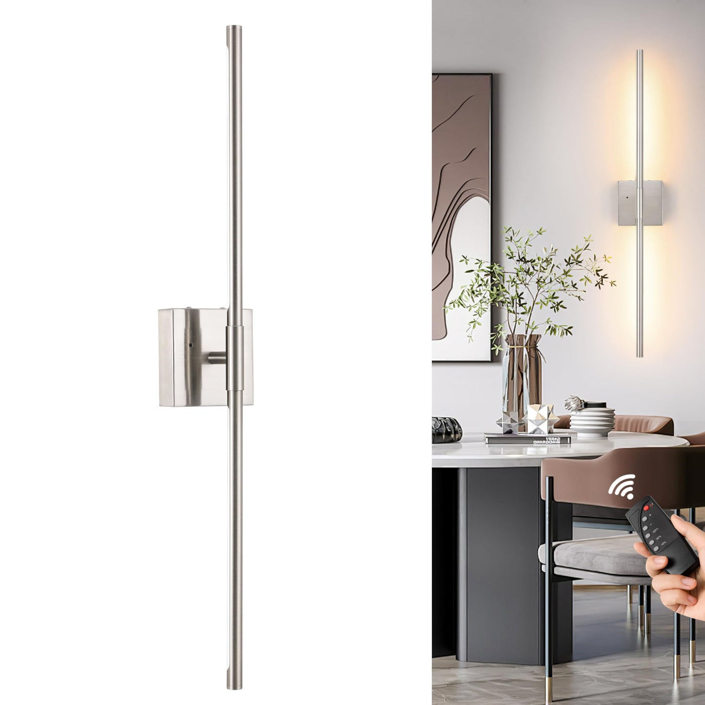 Battery Operated Wall Sconces Set of 2, Dimmable Battery Wall Sconce with Remote Control, Black Gold LED Rechargeable Sconces, 24 Inch Modern Wireless Wall Lights for Bedroom, Living Room