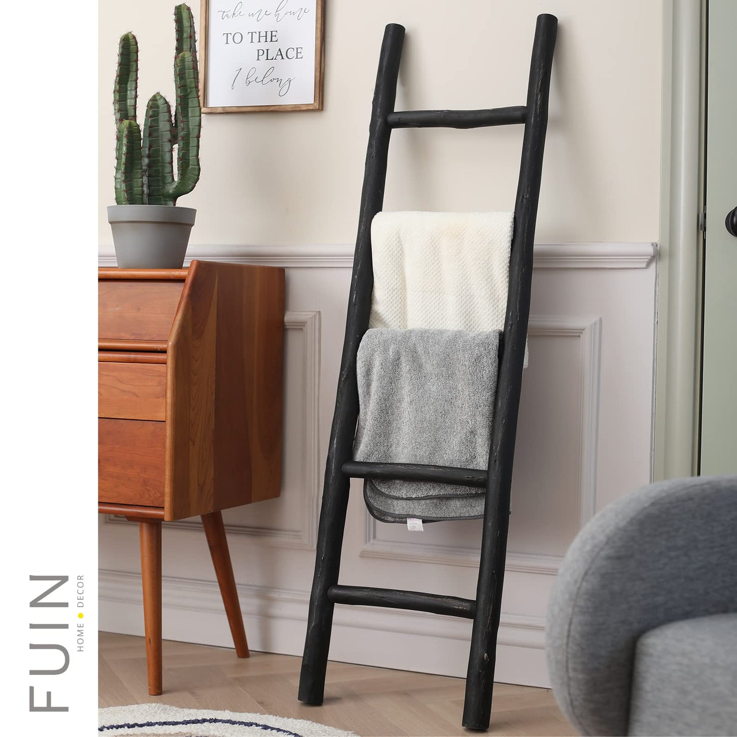 FUIN Fully Assembled 57in Wood Blanket Ladder Living Room Decorative Wall Leaning Farmhouse Quilt Display Holder Rustic Wooden Towel Rack for Bathroom, Unfinished