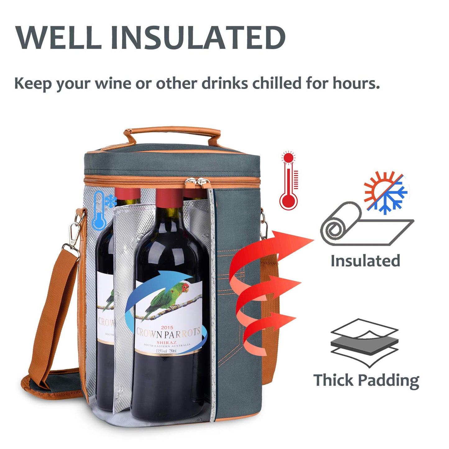 Tirrinia 2 Bottle Leakproof Insulated Wine Tote Carrier Bag - Padded Cooler for Travel, Restaurants, Tasting, Parties, Great Gift for Wine Lovers