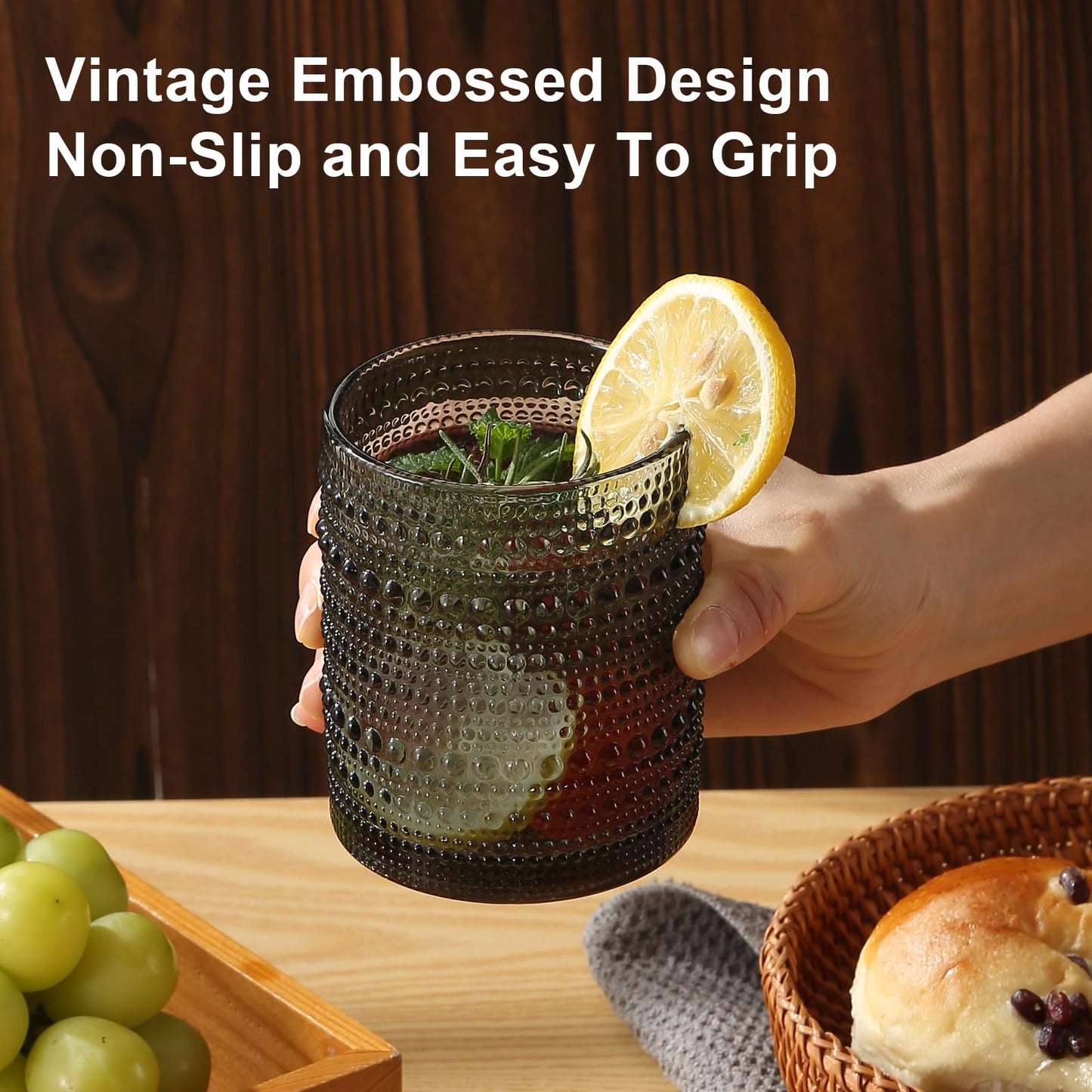 Vintage Glassware Drinking Glasses Set of 6,15 oz Hobnail Glass Cups,Embossed Blue Water Tumbler,for Beer,Cocktail,Whiskey,Juice and Various Mixed Drinks- 1 Cleaning Brush
