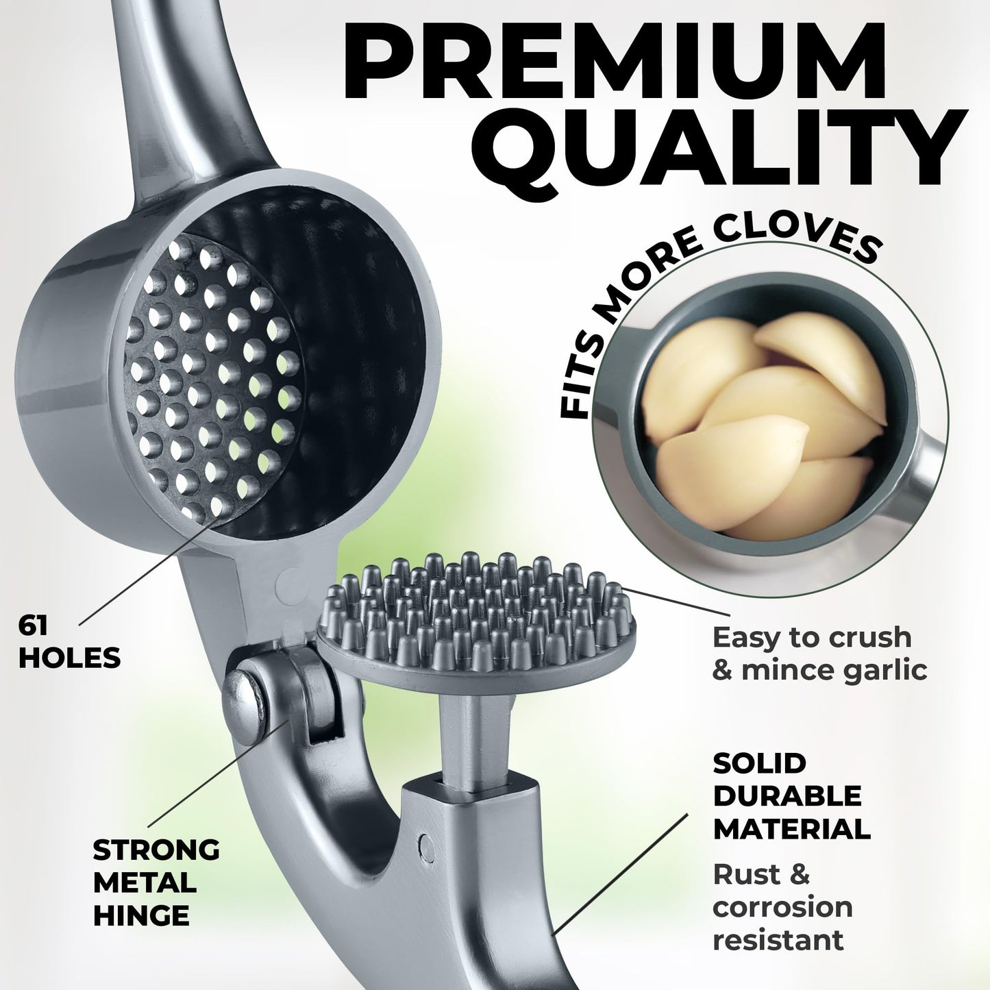 Zulay Kitchen Premium Garlic Press Set - Rust Proof & Dishwasher Safe Professional Garlic Mincer Tool - Easy-Squeeze, Easy-Clean with Soft, Ergonomic Handle - Silicone Garlic Peeler & Brush (Silver)
