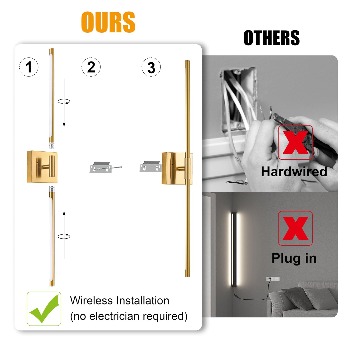 Battery Operated Wall Sconces Set of 2, Dimmable Battery Wall Sconce with Remote Control, Black Gold LED Rechargeable Sconces, 24 Inch Modern Wireless Wall Lights for Bedroom, Living Room