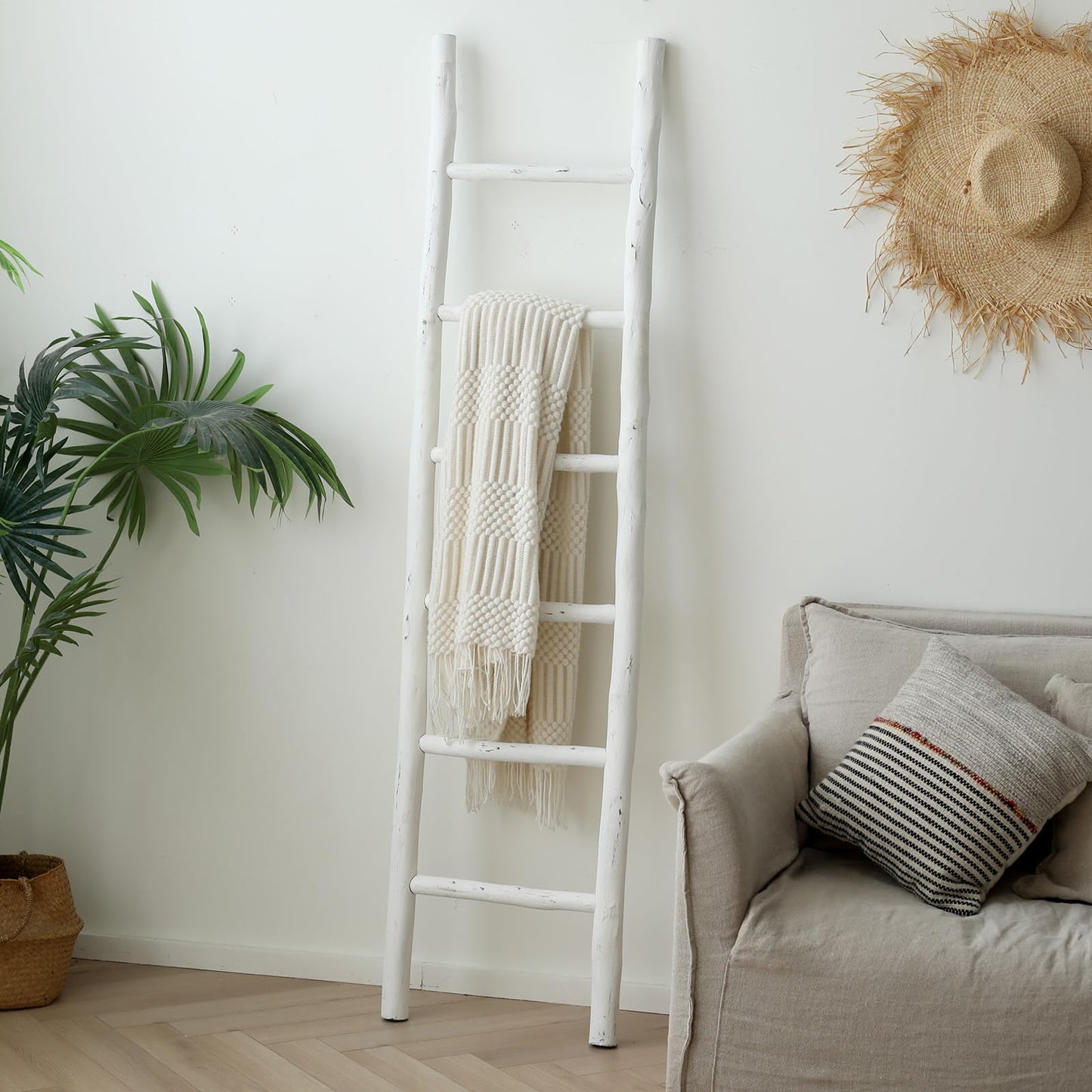 FUIN Fully Assembled 57in Wood Blanket Ladder Living Room Decorative Wall Leaning Farmhouse Quilt Display Holder Rustic Wooden Towel Rack for Bathroom, Unfinished