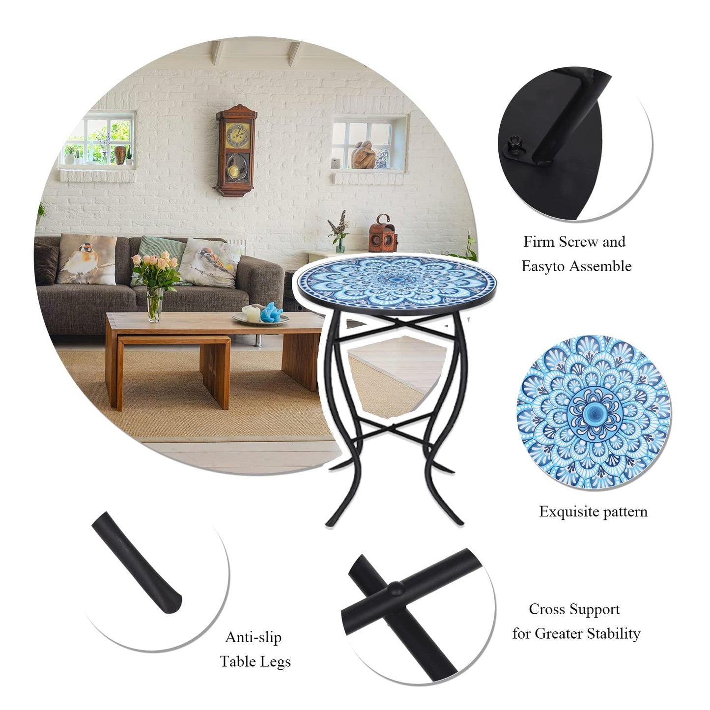 VCUTEKA Mosaic Side Table, 21" Round End Table with 14" Ceramic Tile Top, Patio Accent Table Indoor and Outdoor End Table for Yard, Garden, Living Room, Bistro Balcony or Lawn Golden Sun