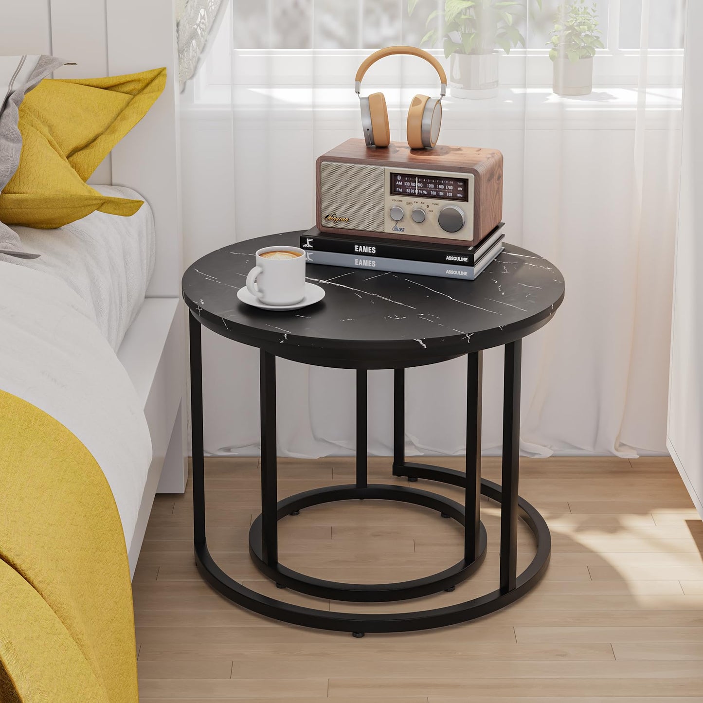 Smuxee Nesting Coffee Table Set of 2, 23.6" Round Coffee Table Wood Grain Top with Adjustable Non-Slip Feet, Industrial End Table Side Tables for Living Room Bedroom Balcony Yard