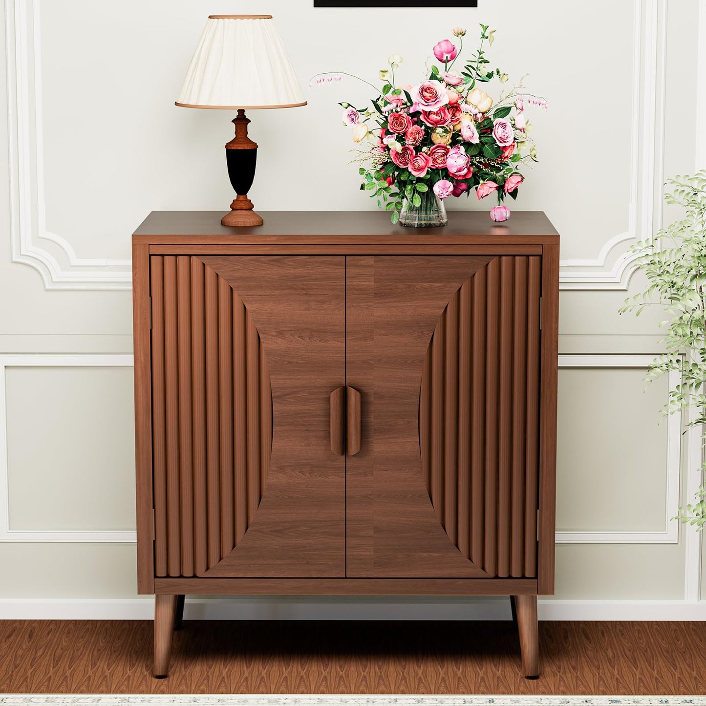 HOMPUS Accent Cabinet with Doors and Shelf,Rustic Boho Decorative Buffet Cabinet with Wood Grain Finish,Buffet Sideboard Storage Cabinet with Flower Pattern,Farmhouse Cabinet for Living Room,Entryway