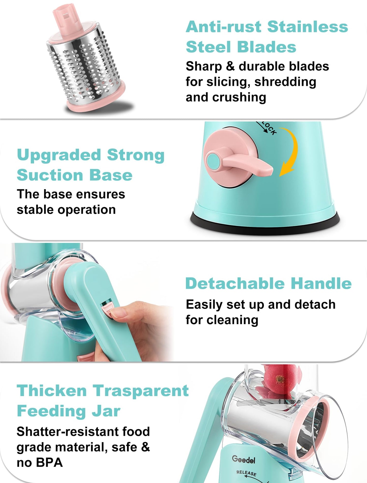 Geedel Rotary Cheese Grater Cheese Shredder - Upgraded 5-in-1 Cheese Grater with Handle and Strong Suction Base, Multi-purpose Vegetable Slicer Ice Shaver Nuts Grinder for Ice, Vegetables, Fruit, Nuts