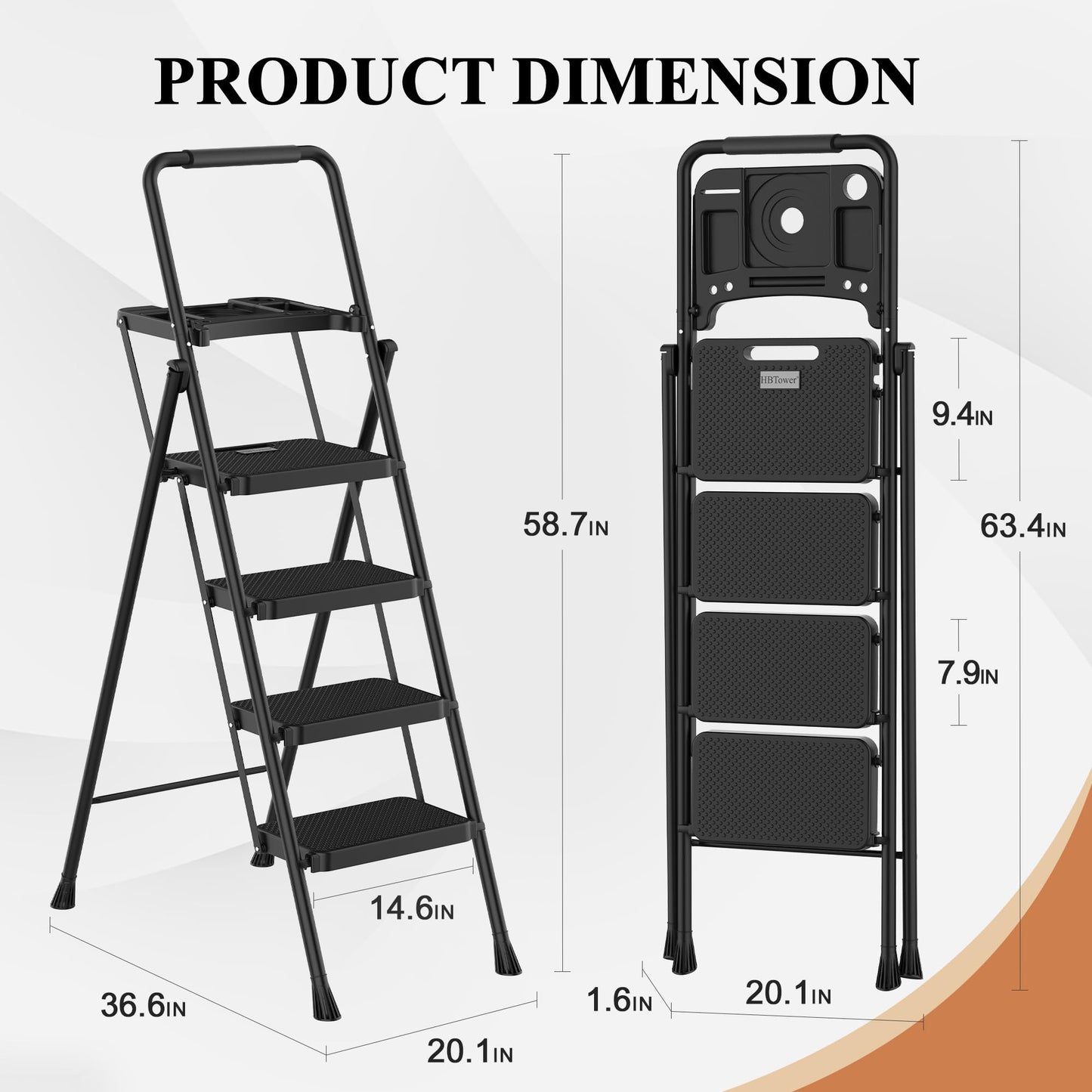 HBTower Step Ladder, Folding Step Stool with Wide Anti-Slip Pedal, Sturdy Steel Ladder, Convenient Handrail, Lightweight, Portable Steel Step Stool