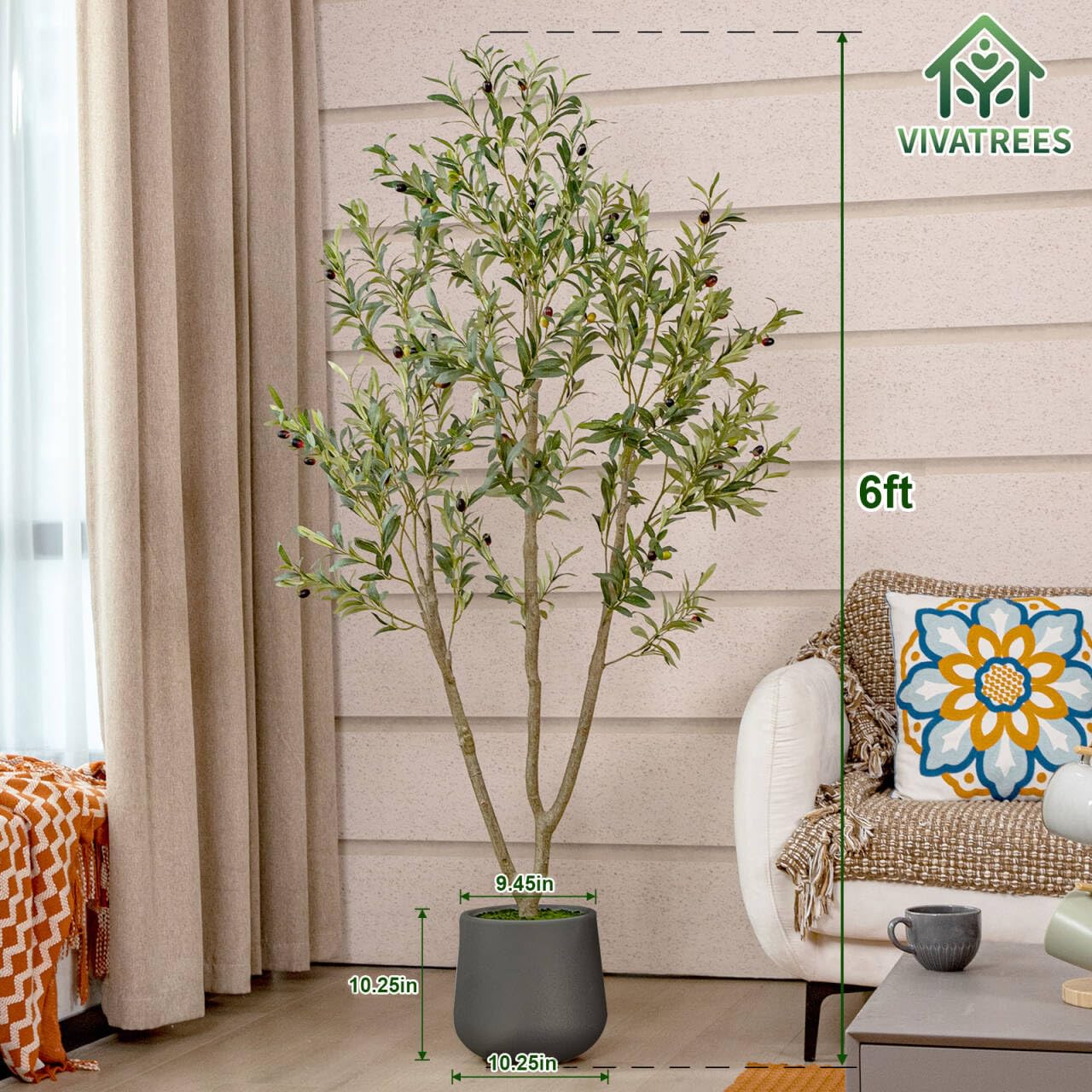 Olive Trees Artificial Indoor, 6FT Tall Faux Olive Tree with White Tall Planter, Artificial Plants with Natural Wood Trunk and Lifelike Fruits for Home Office Decor