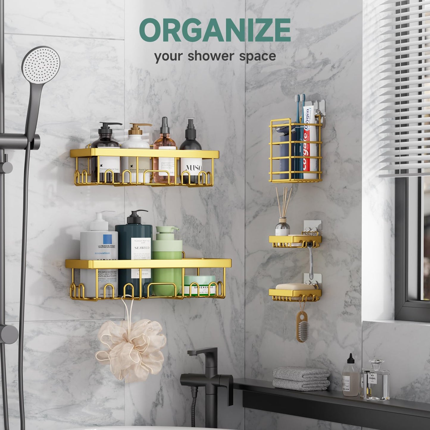 Veken Stainless Steel Shower Caddy 6-Pack, No Drilling & Rustproof, Waterproof Adhesive Shelves Rack with Soap Holder, Large Capacity Bathroom Organizers and Storage, Wall-Mounted Kitchen & Home Decor