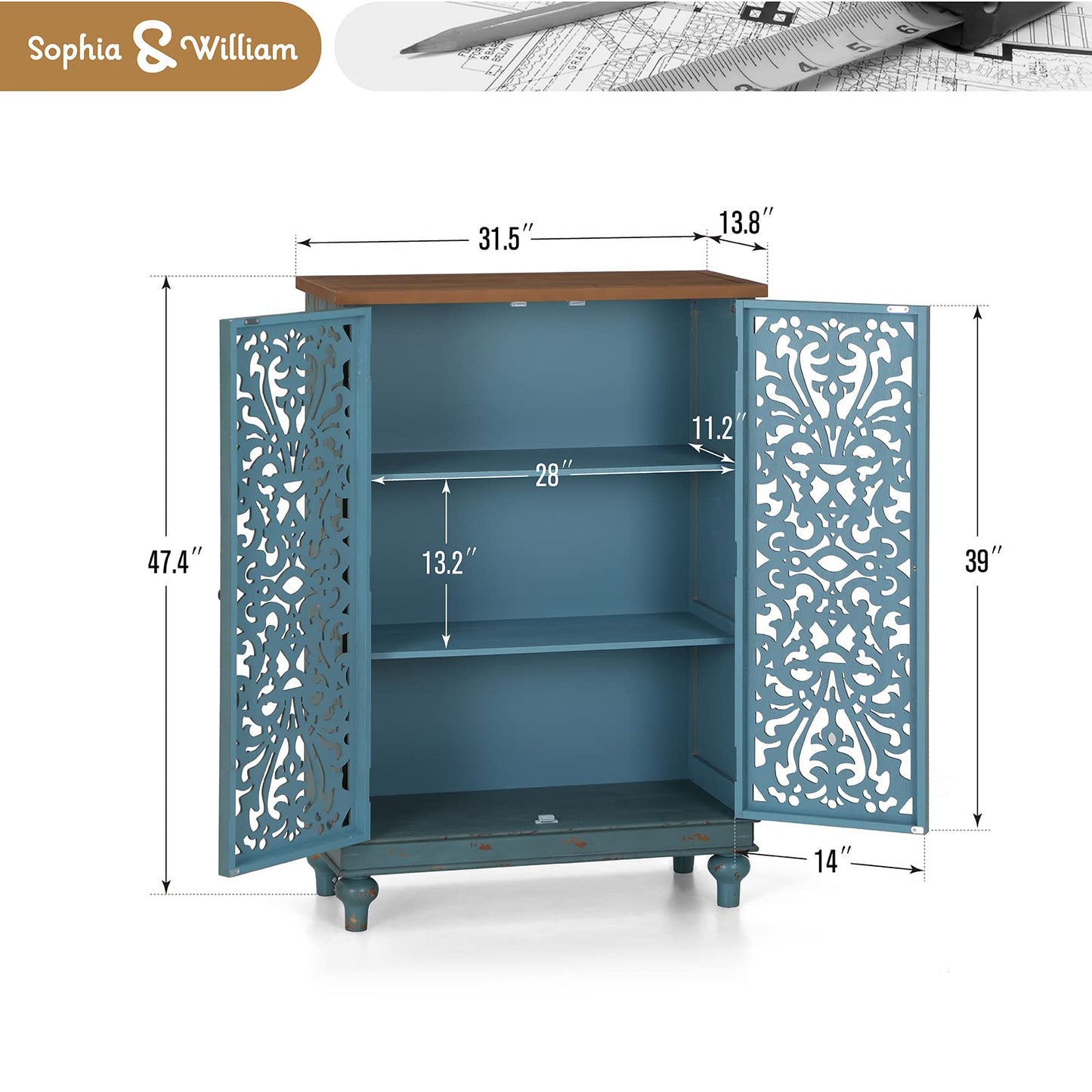 Sophia & William Tall Storage Cabinet 47.4", Decorative 2-Door Tall Accent Cabinet, for Living Room, Dining Room, White