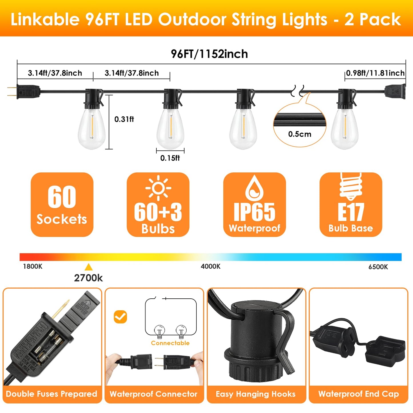 96FT LED Outdoor String Lights, Waterproof Patio Lights with 30+2 2700K Dimmable Shatterproof Edison Hanging Bulbs for Backyard Party-Black
