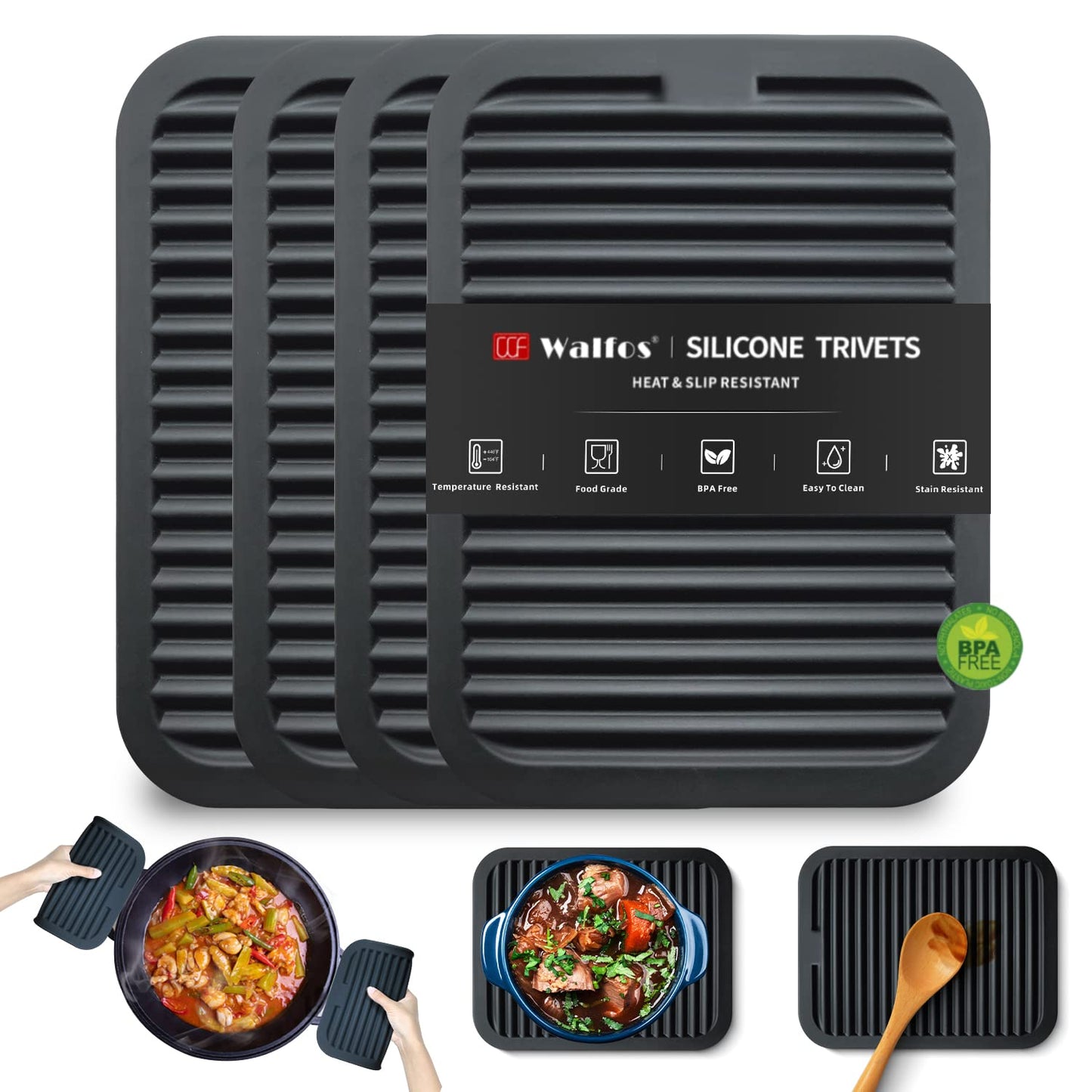 Walfos Silicone Trivet Mats - 4 Heat Resistant Pot Holders, Multipurpose Non-Slip Hot Pads for Kitchen Potholders, Hot Dishers, Jar Opener, Spoon Holder, Food Grade Silicone & BPA Free (Black)