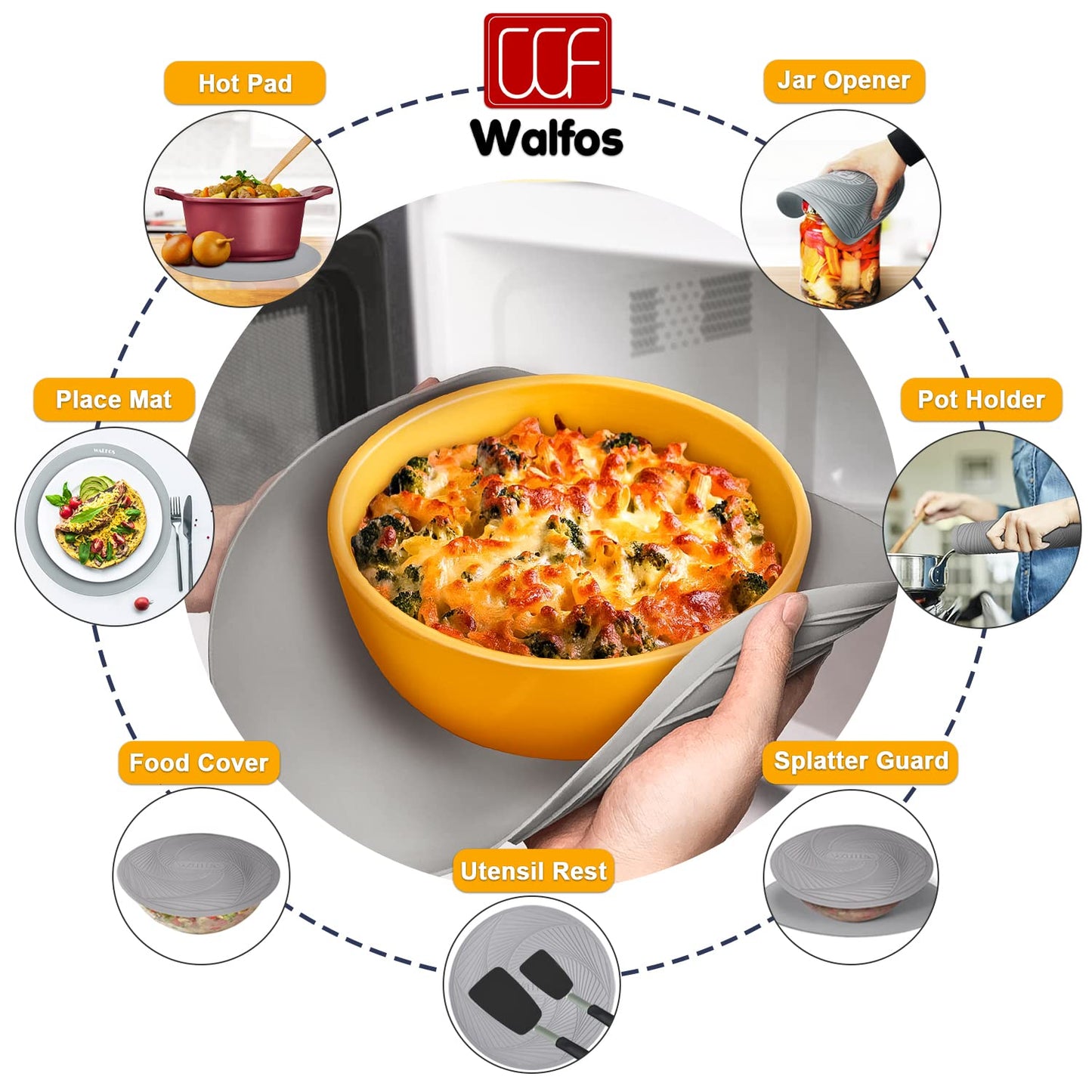 Walfos Silicone Trivet Mats - 4 Heat Resistant Pot Holders, Multipurpose Non-Slip Hot Pads for Kitchen Potholders, Hot Dishers, Jar Opener, Spoon Holder, Food Grade Silicone & BPA Free (Black)