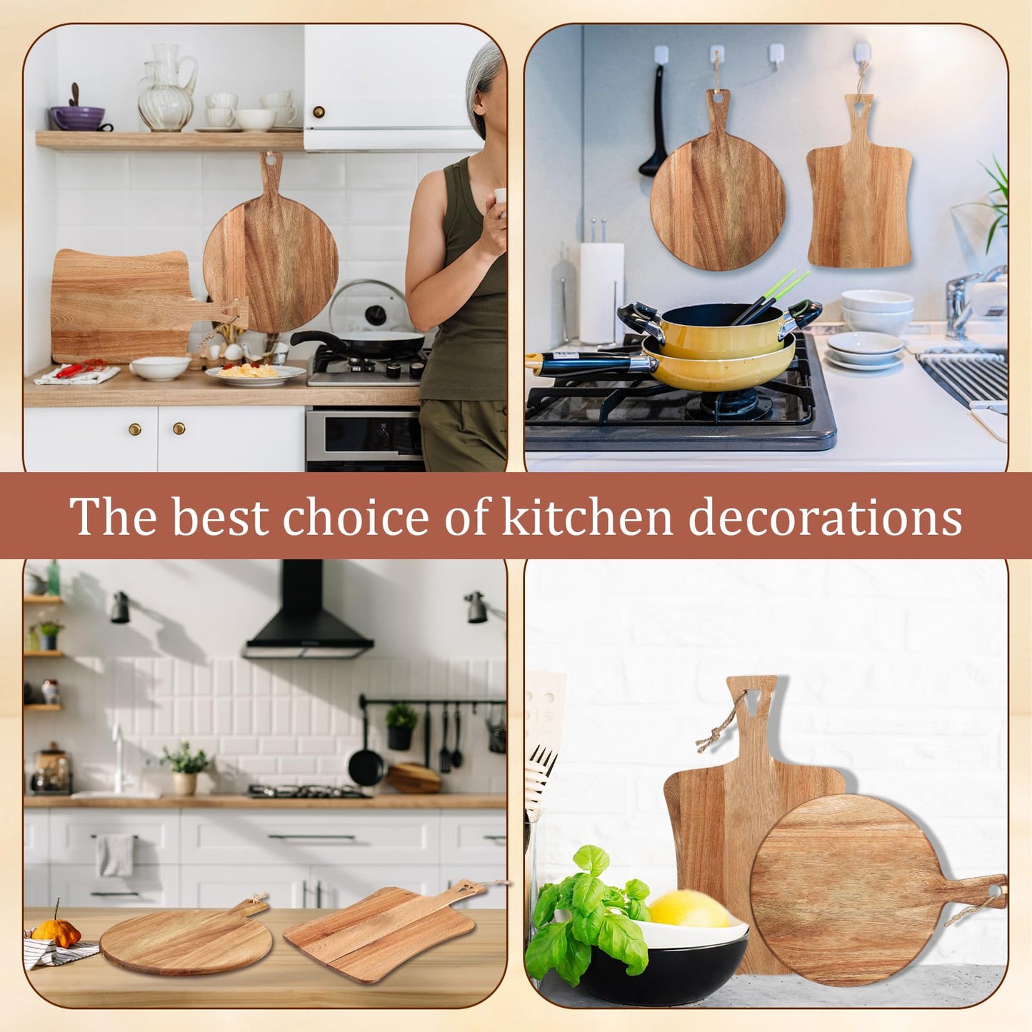 Hsei 2 Pcs Acacia Wood Cutting Board with Handle Wooden Charcuterie Board Large Paddle Carving Chopping Set Butter Serving Tray for Cheese Meat Fruit Pizza Bread Baking(Classic Handle)