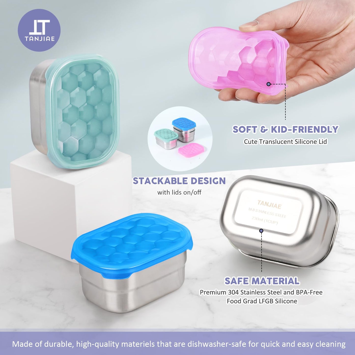 Small (1 CUP) Stainless Steel Snack Containers for Kids | Easy Open Leak Proof Food Containers with Silicone Lids - Perfect Metal Toddler Lunch Box for Daycare and School (8oz)