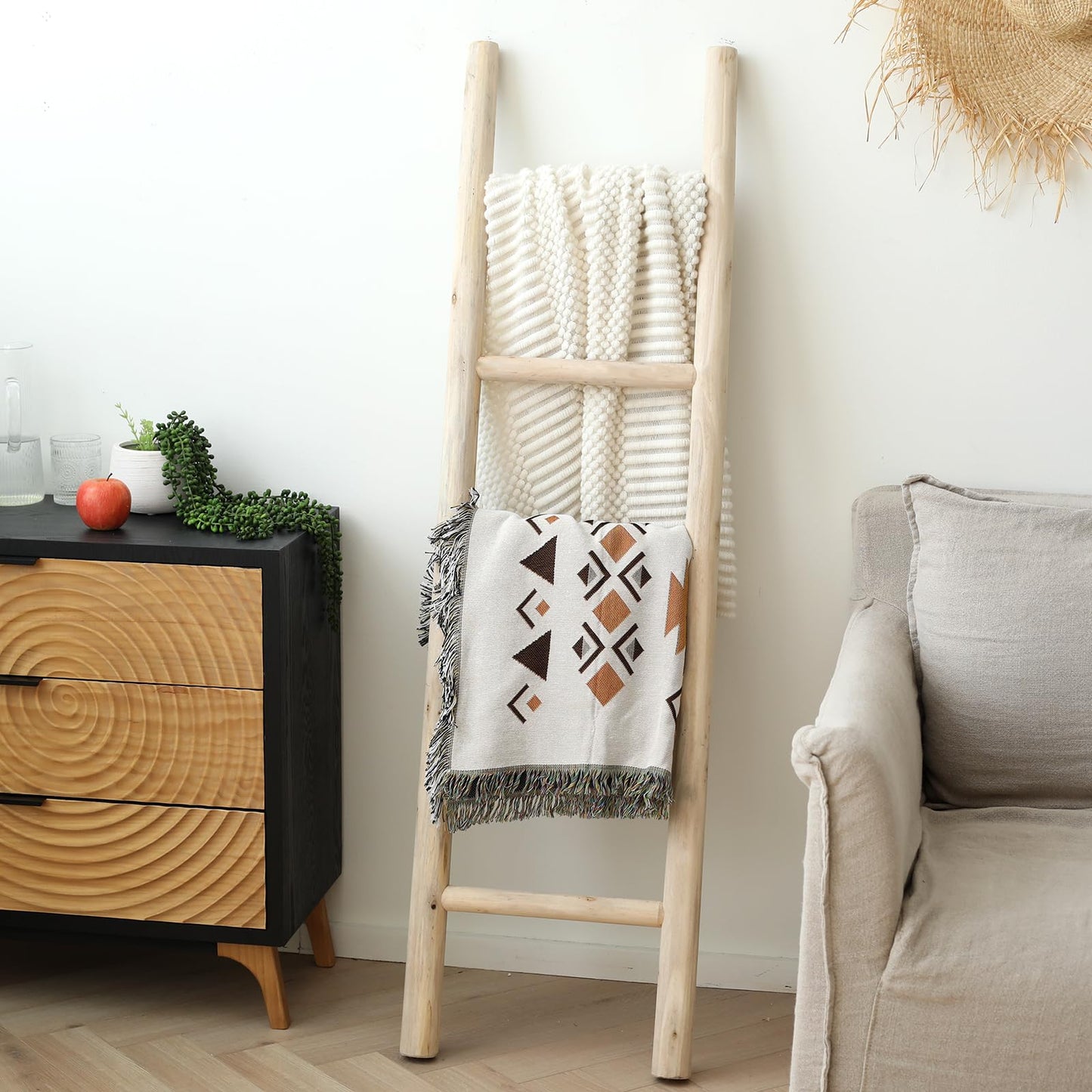 FUIN Fully Assembled 57in Wood Blanket Ladder Living Room Decorative Wall Leaning Farmhouse Quilt Display Holder Rustic Wooden Towel Rack for Bathroom, Unfinished