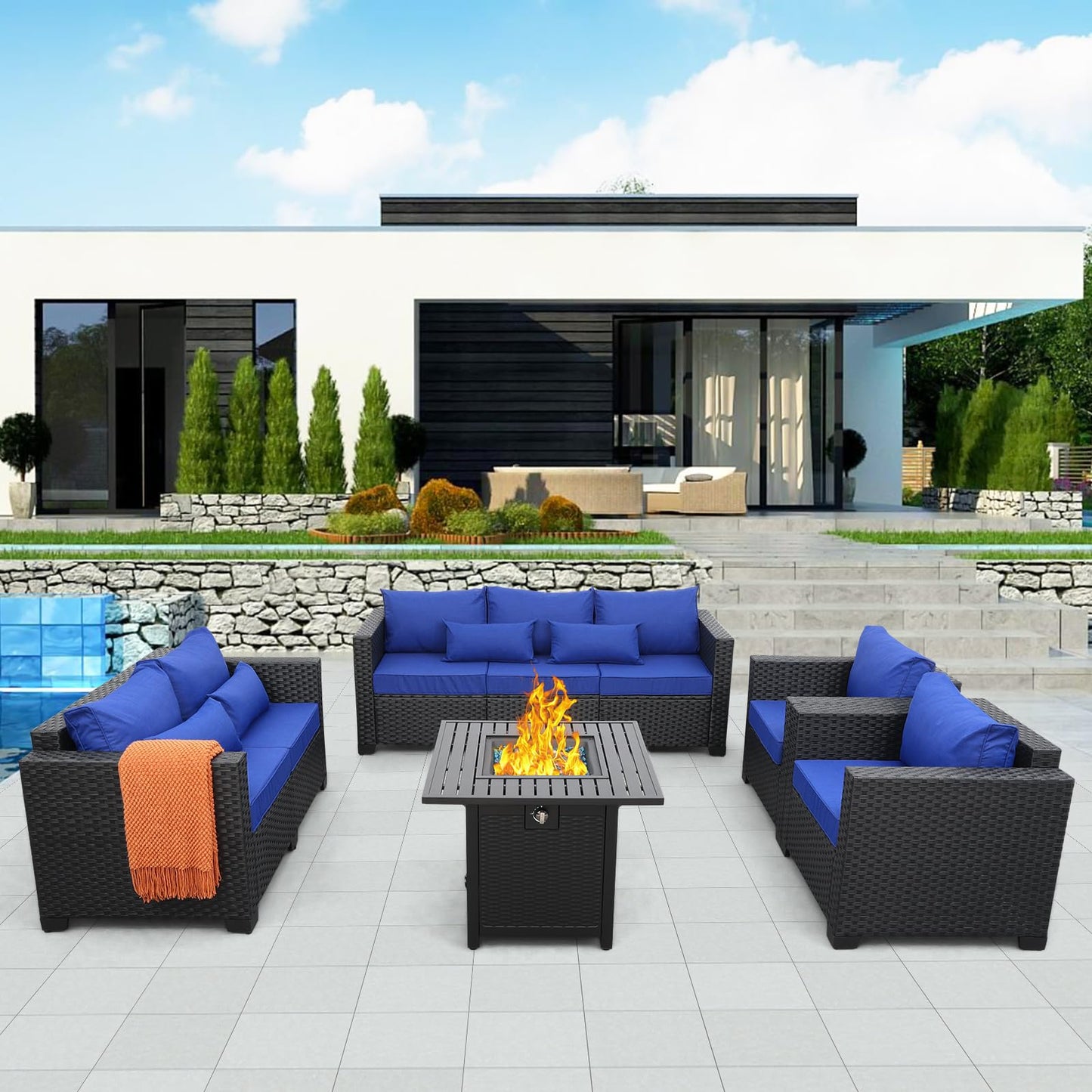 Rattaner 5 Pcs Outdoor Furniture Sets Patio Furniture Set with 45" Fire Pit Patio Couch Outdoor Chairs 60000 BTU Steel Propane Fire Pit Table No-Slip Cushions and Waterproof Covers, Light Grey
