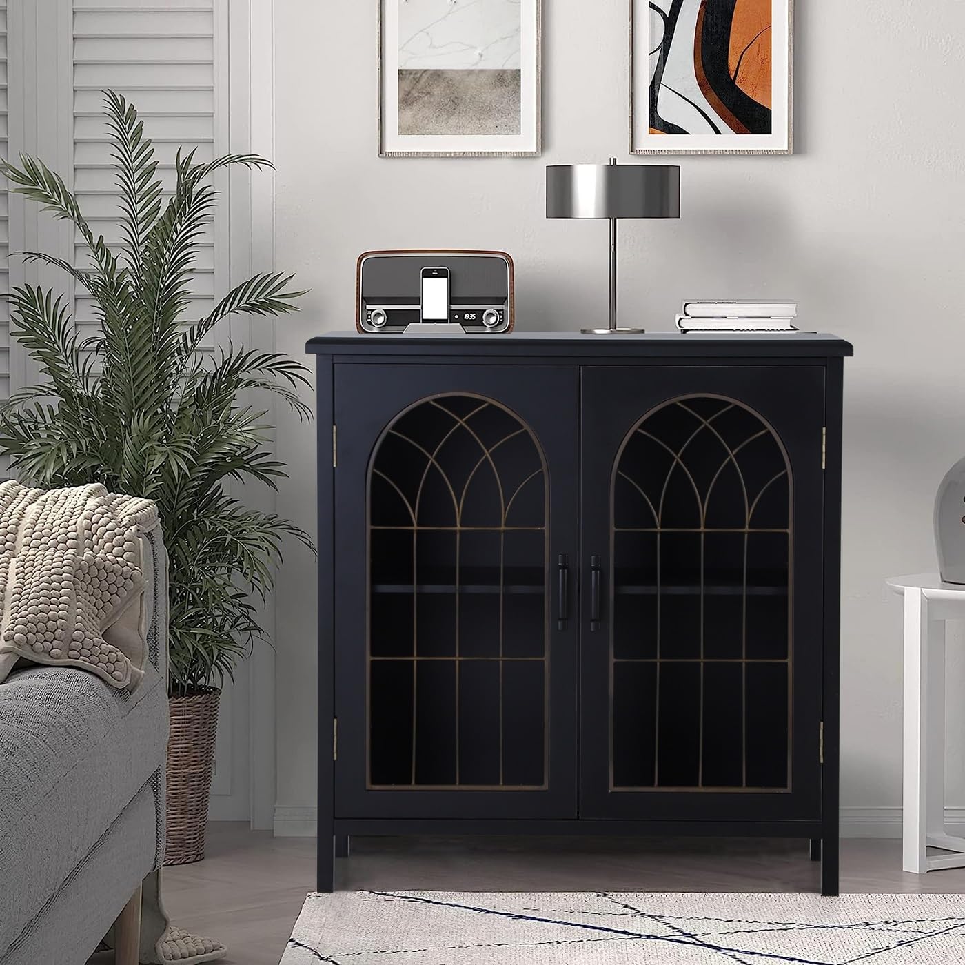 MFSTUDIO Accent Storage Cabinet with 2 Doors, Distressed Storage Cabinet Buffet Sideboard Display Cabinet with Metal Church Window Door for Entryway Living Room Kitchen, Black