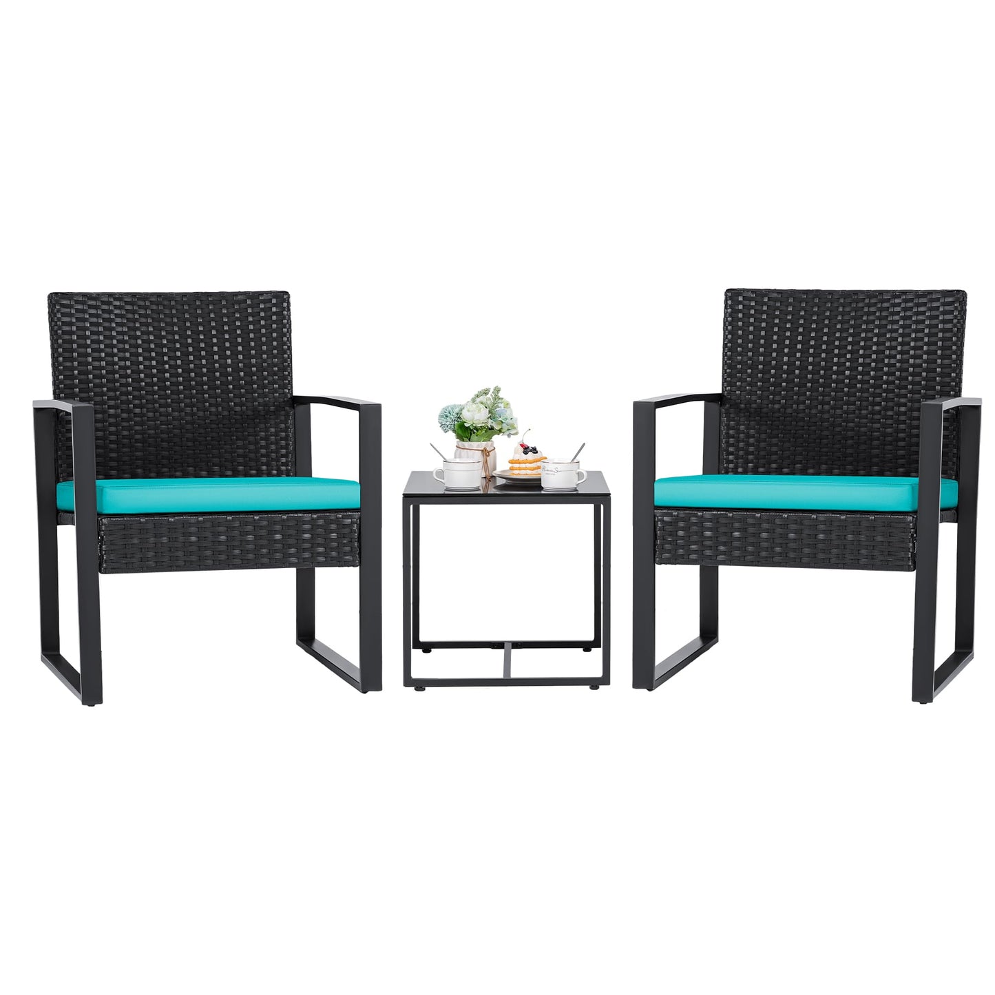Flamaker 3 Pieces Patio Set Outdoor Wicker Furniture Sets Modern Rattan Chair Conversation Sets with Coffee Table for Yard and Bistro (Black)