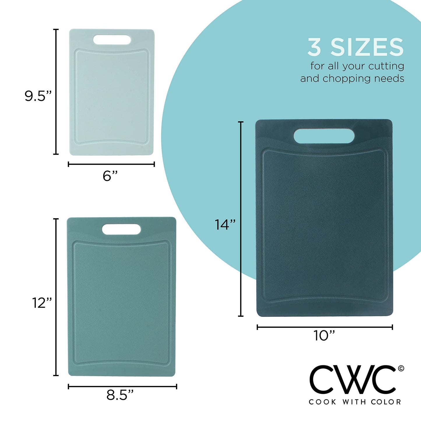 COOK WITH COLOR Non-Slip Cutting Board Set – Kitchen Essentials with Easy Grip Handle for Meat, Veggies, and Fruits, 3 Cutting Boards, Teal
