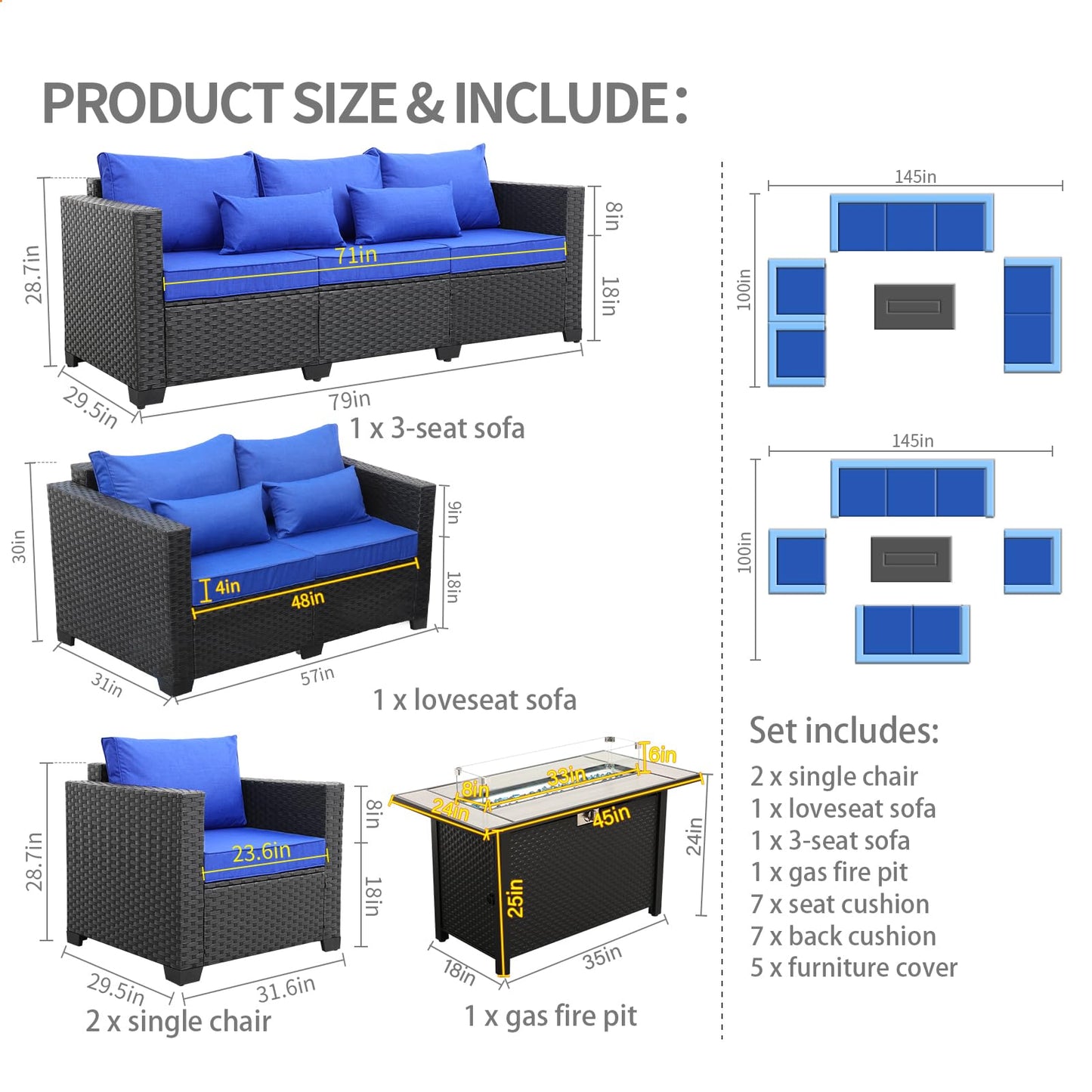 Rattaner 5 Pcs Outdoor Furniture Sets Patio Furniture Set with 45" Fire Pit Patio Couch Outdoor Chairs 60000 BTU Steel Propane Fire Pit Table No-Slip Cushions and Waterproof Covers, Light Grey