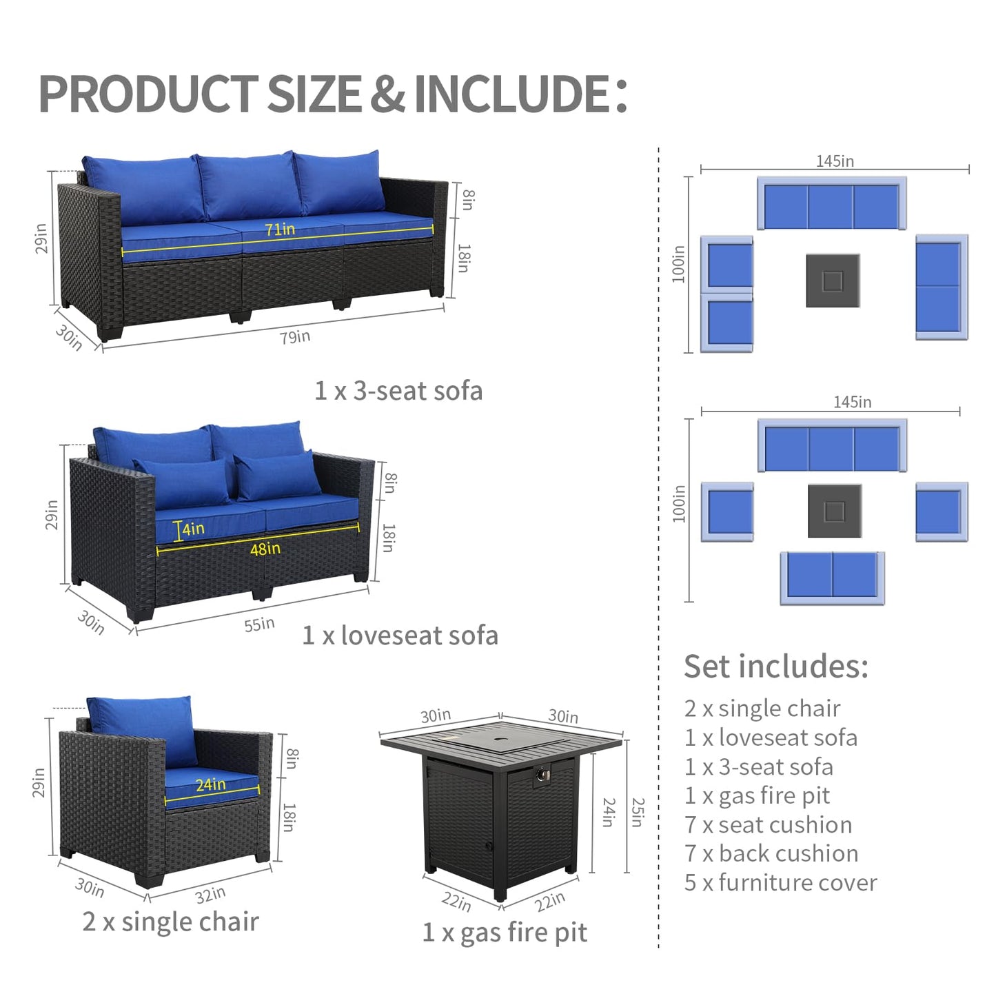 Rattaner 5 Pcs Outdoor Furniture Sets Patio Furniture Set with 45" Fire Pit Patio Couch Outdoor Chairs 60000 BTU Steel Propane Fire Pit Table No-Slip Cushions and Waterproof Covers, Light Grey