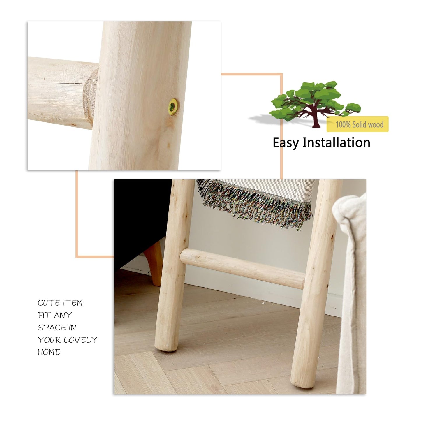 FUIN Fully Assembled 57in Wood Blanket Ladder Living Room Decorative Wall Leaning Farmhouse Quilt Display Holder Rustic Wooden Towel Rack for Bathroom, Unfinished