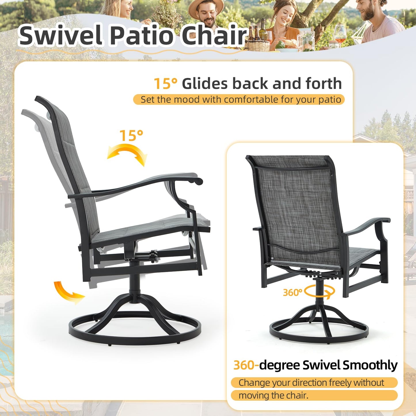9-Piece Outdoor Patio Dining Set with 8 Swivel Rocker Chairs, Rectangular Metal Table with Umbrella Hole, 8-Person Patio Table and Chairs for Backyard, Poolside, Balcony and Garden Grey