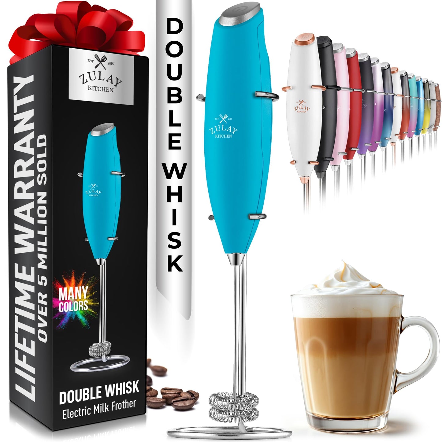 Zulay Double Whisk Milk Frother Handheld Mixer - High Powered Frother For Coffee With Improved Motor - Milk Frother Electric Whisk Drink Mixer For Cappuccino, Frappe, Matcha, Twin Whisk - Black/Copper