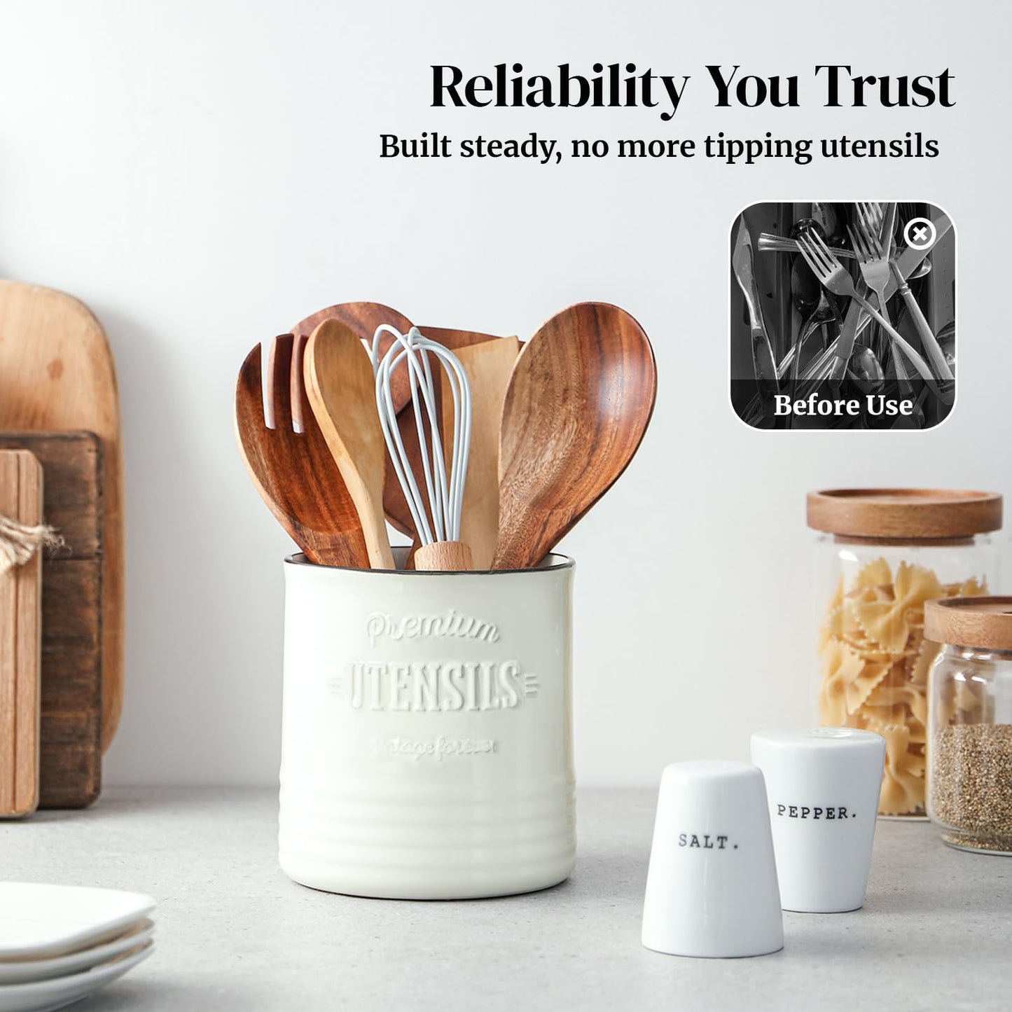 DOWAN 7.2″ Extra Large Kitchen Utensil Holder, Farmhouse Utensil Holder for Countertop, Ceramic Utensil Crock with Protection Cork Mat, Utensil Organizer for Kitchen Decor & Housewarming Gift, White