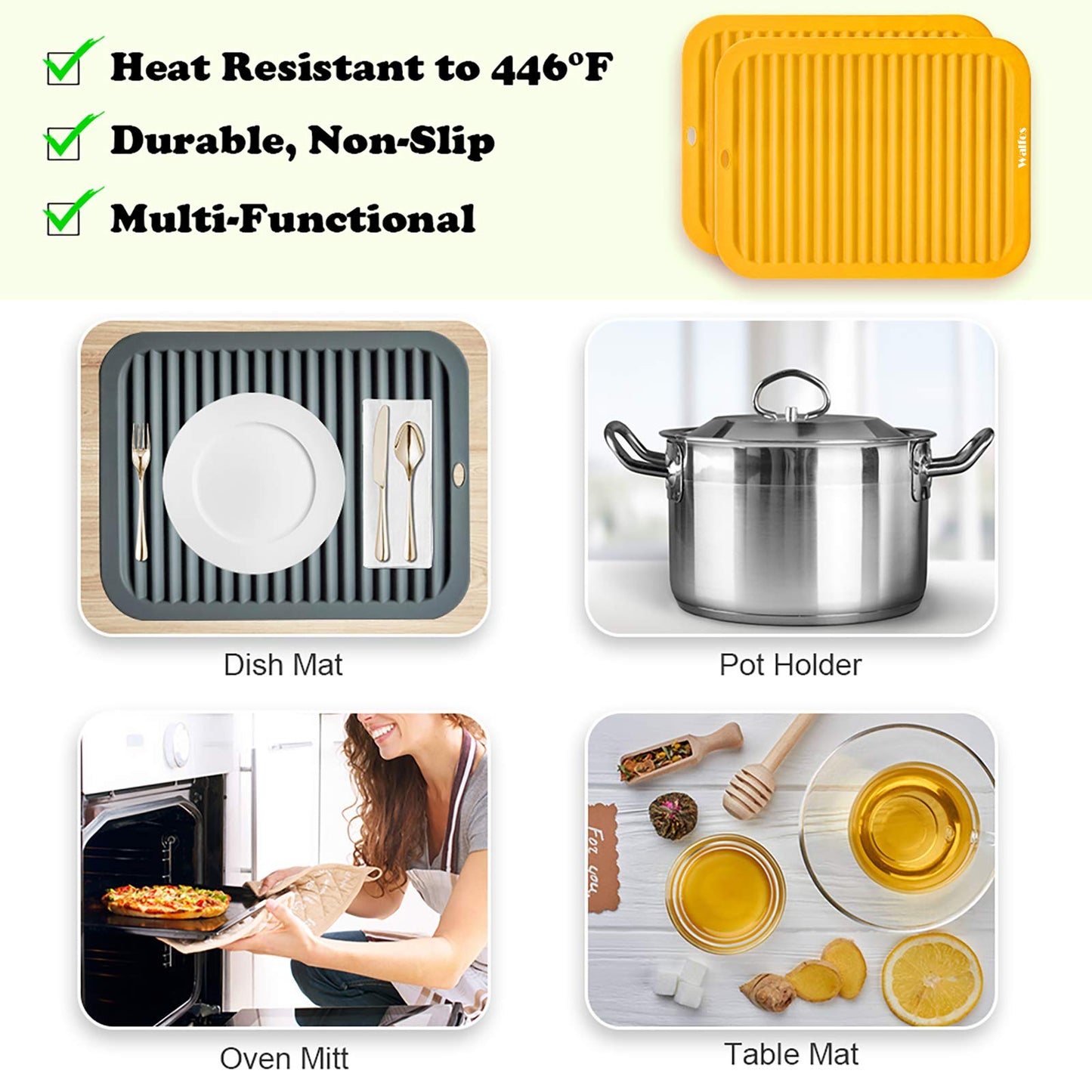 Walfos Silicone Trivet Mats - 4 Heat Resistant Pot Holders, Multipurpose Non-Slip Hot Pads for Kitchen Potholders, Hot Dishers, Jar Opener, Spoon Holder, Food Grade Silicone & BPA Free (Black)