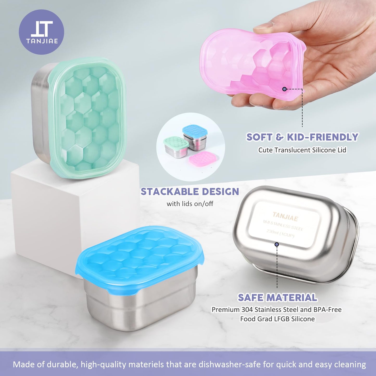 Small (1 CUP) Stainless Steel Snack Containers for Kids | Easy Open Leak Proof Food Containers with Silicone Lids - Perfect Metal Toddler Lunch Box for Daycare and School (8oz)