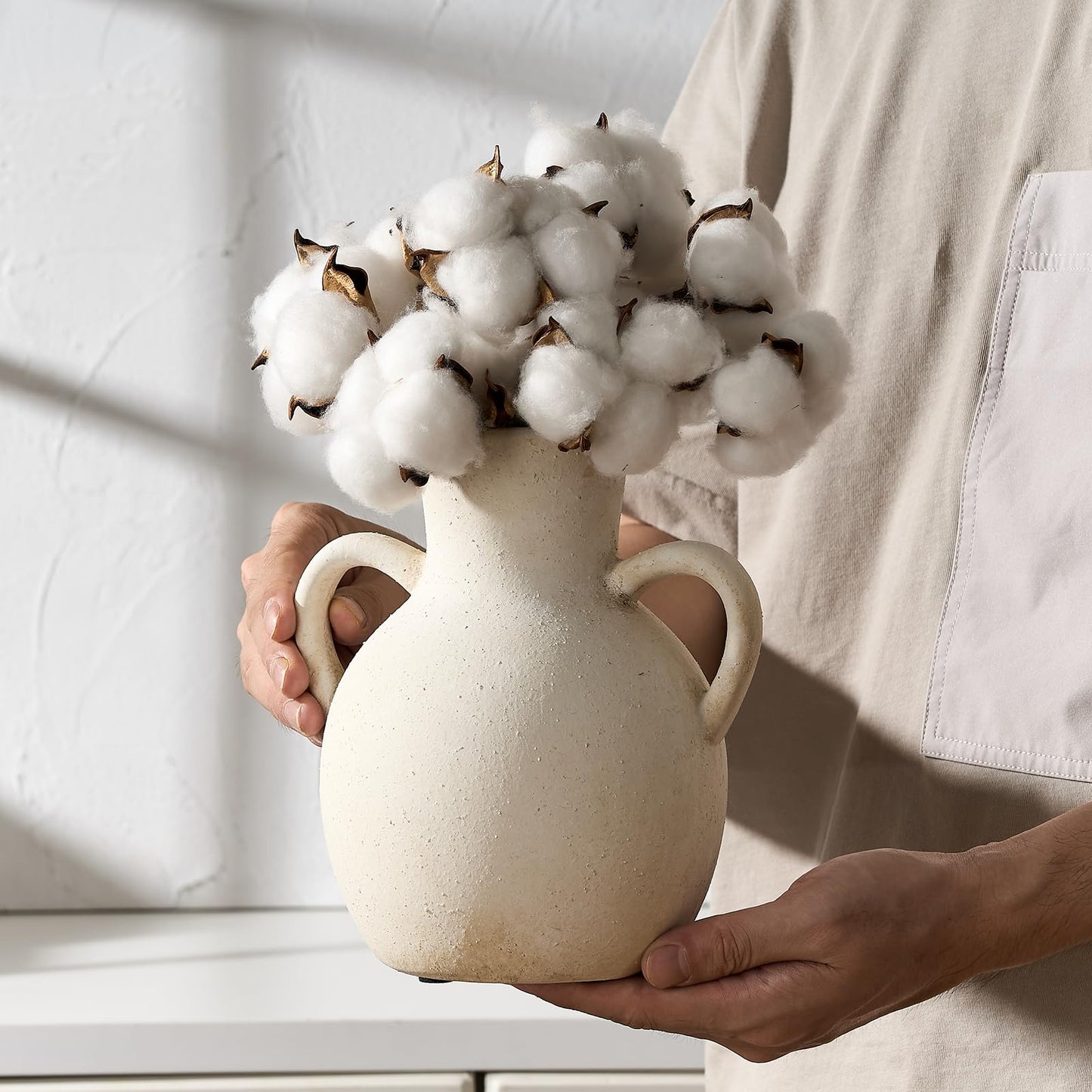SIDUCAL Rustic Ceramic Farmhouse Flower Vase with 2 Handles, Whitewashed Terra Cotta Vase, Decorative Pottery Flower for Home Decor, Table, Living Room, Shelf Decor, 7.3 Inch, Terra