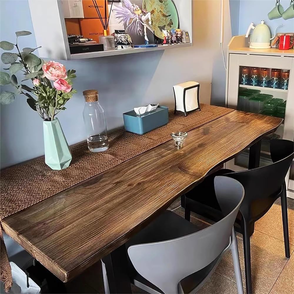 Solid Wood Large 47-78 Inch Natural Finish Wood Rectangular Dinner Table with Live Edge and Metal Base Seats up to 6-8 People for Kitchen Dining Room and Living Room(Size:180x70x75cm)
