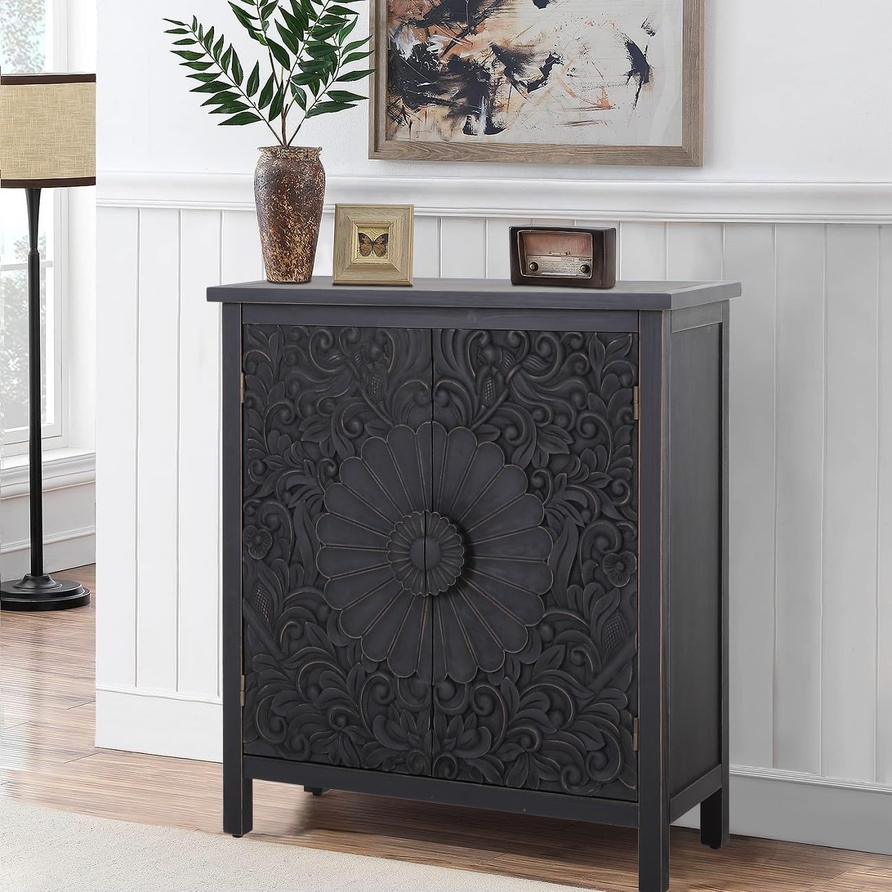 MFSTUDIO Accent Storage Cabinet with 2 Doors, Distressed Storage Cabinet Buffet Sideboard Display Cabinet with Metal Church Window Door for Entryway Living Room Kitchen, Black
