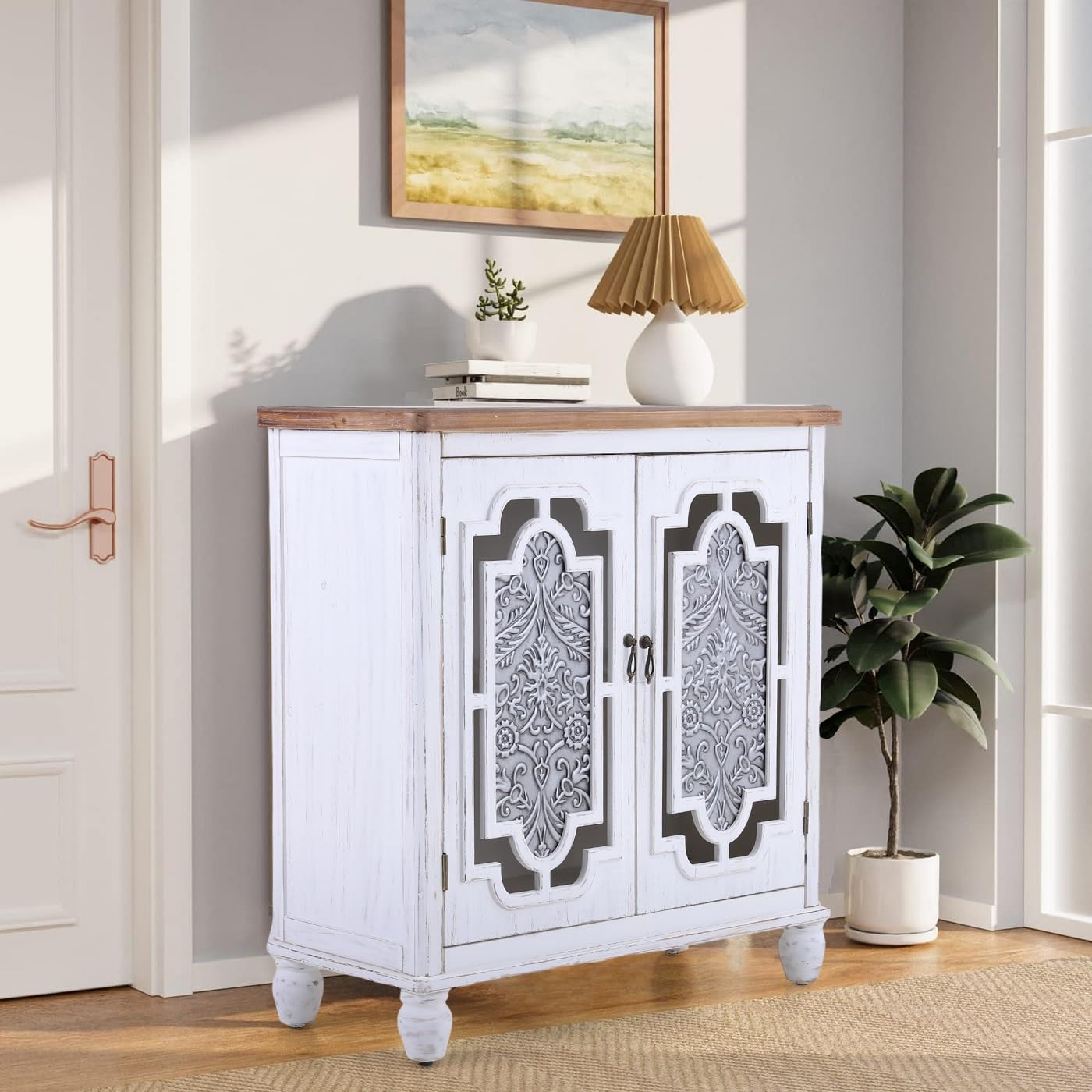 MFSTUDIO Accent Storage Cabinet with 2 Doors, Distressed Storage Cabinet Buffet Sideboard Display Cabinet with Metal Church Window Door for Entryway Living Room Kitchen, Black