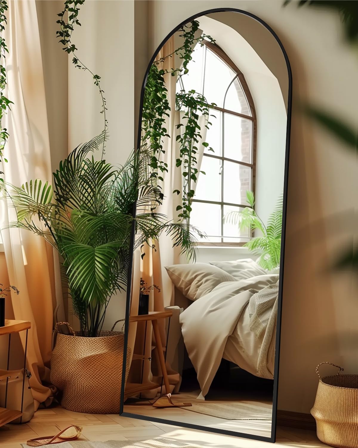 Full Length Mirror, 76"x34" Arched Floor Mirror Freestanding, Floor Standing Full Body Mirror with Stand for Bedroom, Hanging Mounted for Living Room Cloakroom, Black