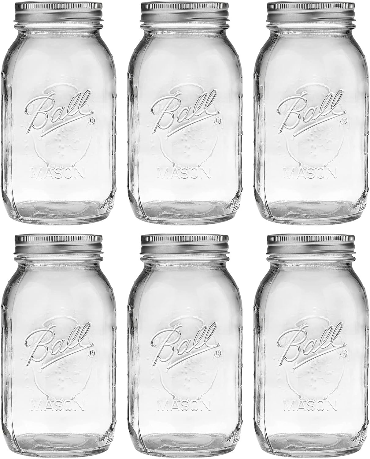 Ball Wide Mouth Glass Mason Jars with Lids and Bands, Used for Canning, Pickling, Juice, Jam, Jelly, Quart Size 32 Ounce (Pack of 6)