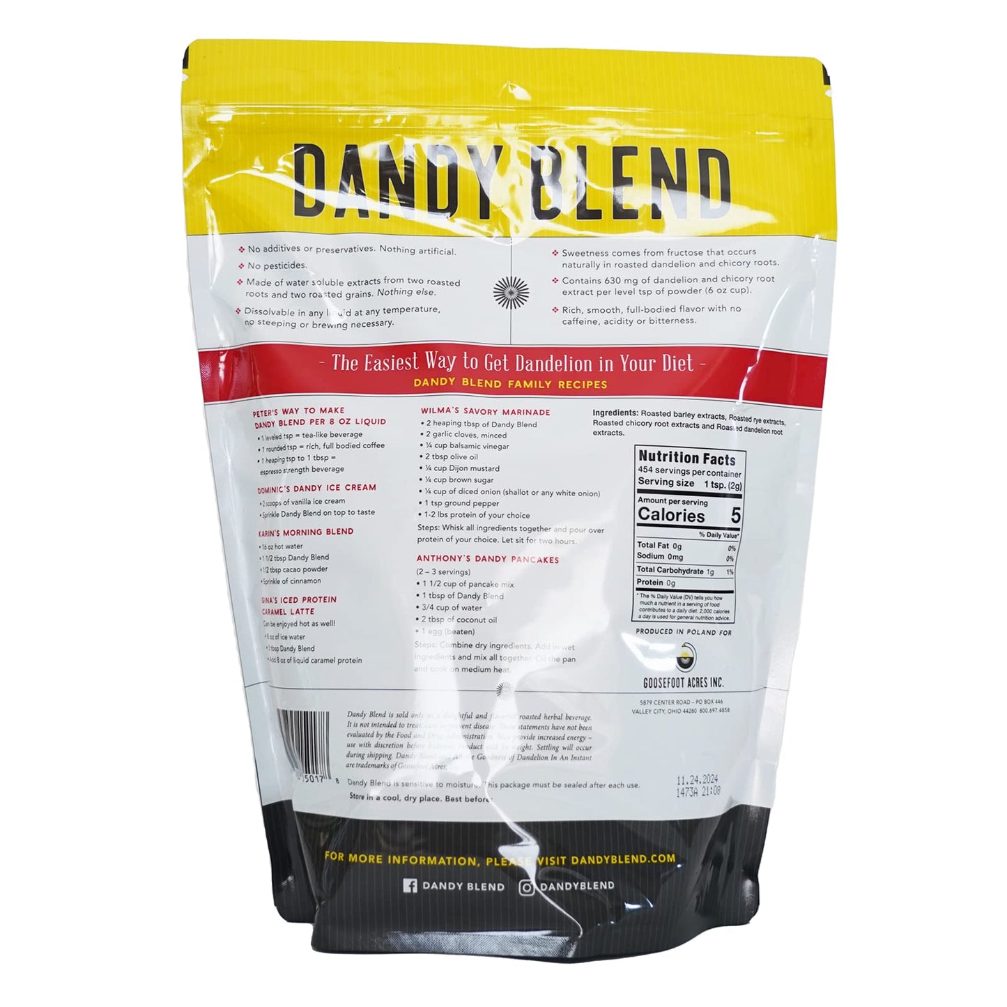 156 Cup Bag of Certified Organic Dandy Blend Instant Herbal Beverage with Dandelion, 11 oz. (312g) Bag