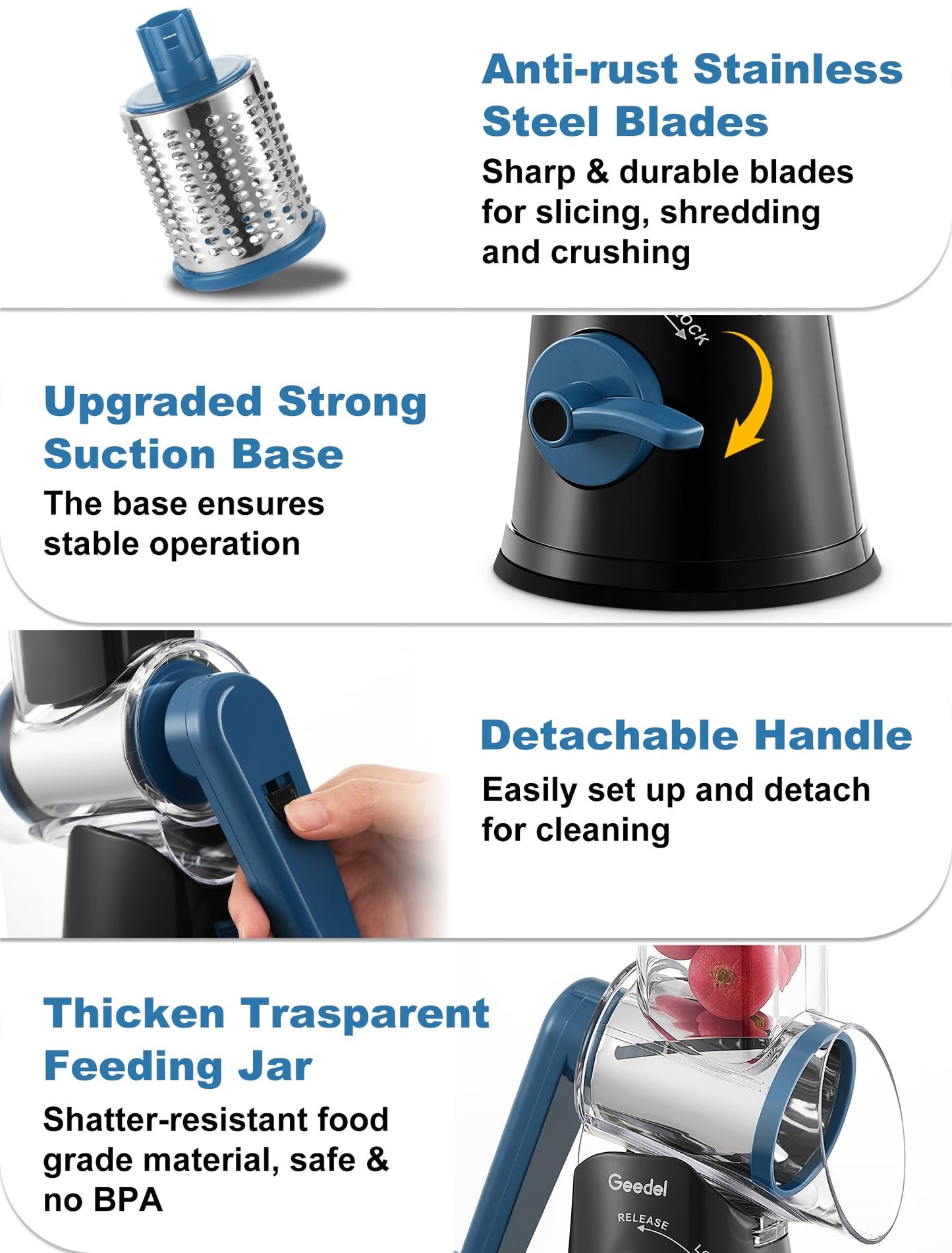 Geedel Rotary Cheese Grater Cheese Shredder - Upgraded 5-in-1 Cheese Grater with Handle and Strong Suction Base, Multi-purpose Vegetable Slicer Ice Shaver Nuts Grinder for Ice, Vegetables, Fruit, Nuts