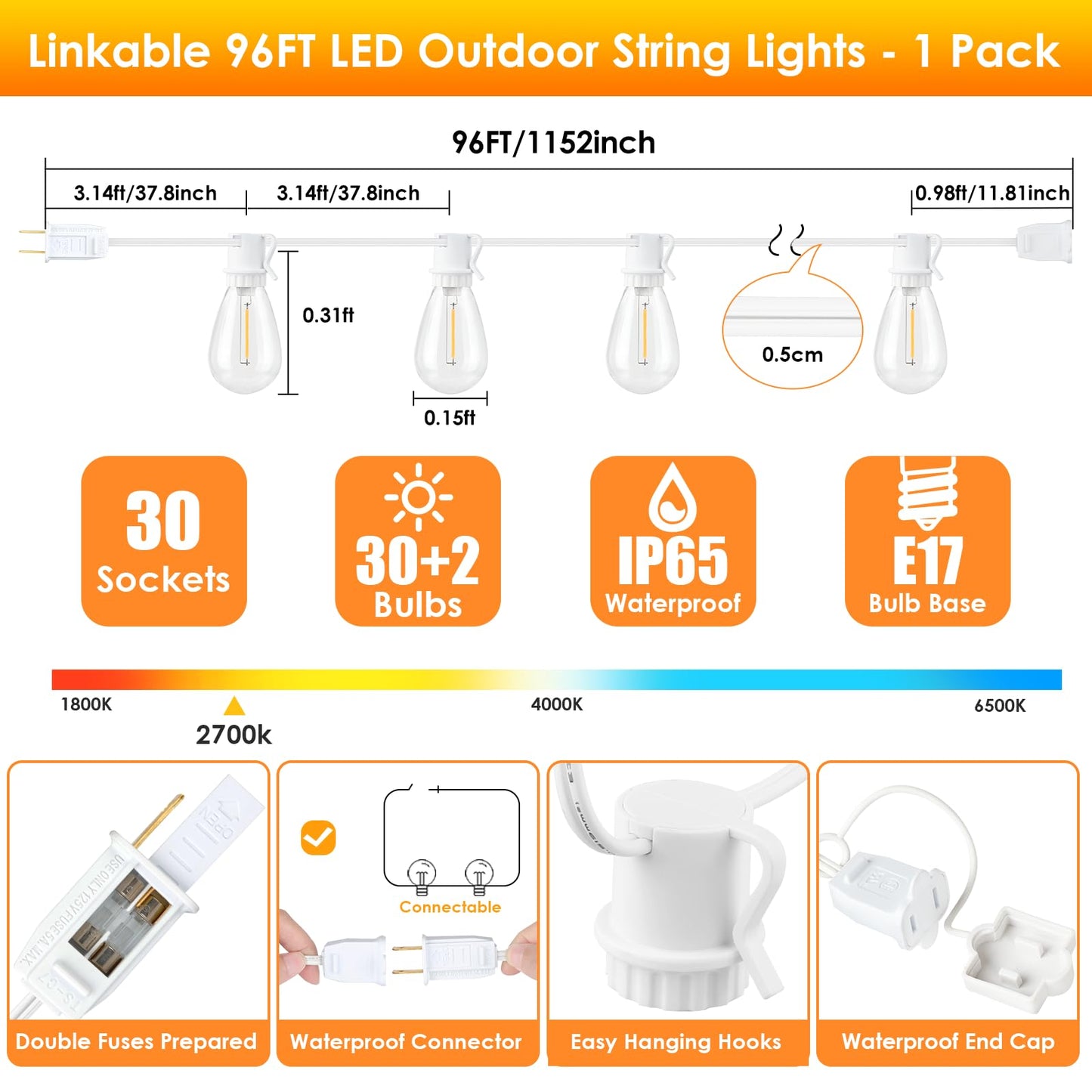 96FT LED Outdoor String Lights, Waterproof Patio Lights with 30+2 2700K Dimmable Shatterproof Edison Hanging Bulbs for Backyard Party-Black
