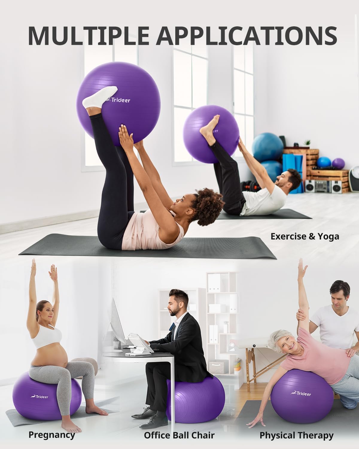 Trideer Yoga Ball Exercise Ball for Working Out, 5 Sizes Gym Ball, Birthing Ball for Pregnancy, Swiss Ball for Physical Therapy, Balance, Stability, Fitness, Office Ball Chair, Quick Pump Included