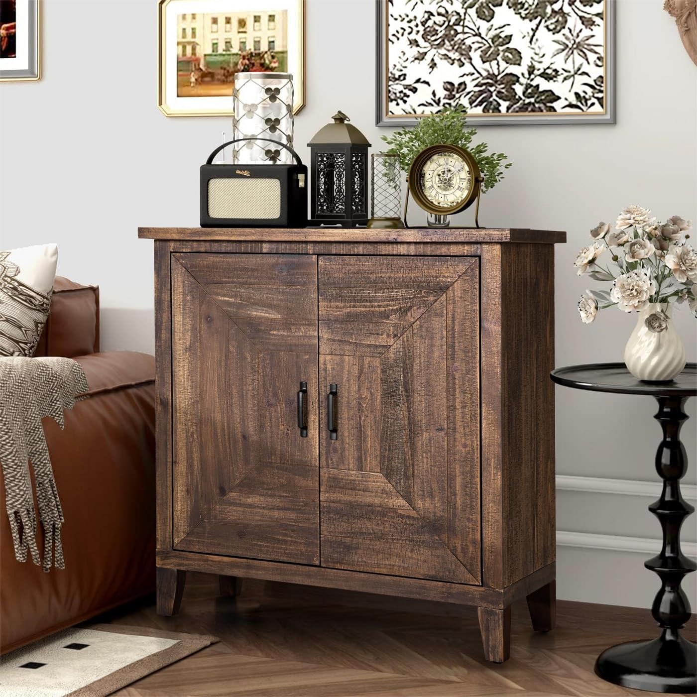 MFSTUDIO Accent Storage Cabinet with 2 Doors, Distressed Storage Cabinet Buffet Sideboard Display Cabinet with Metal Church Window Door for Entryway Living Room Kitchen, Black