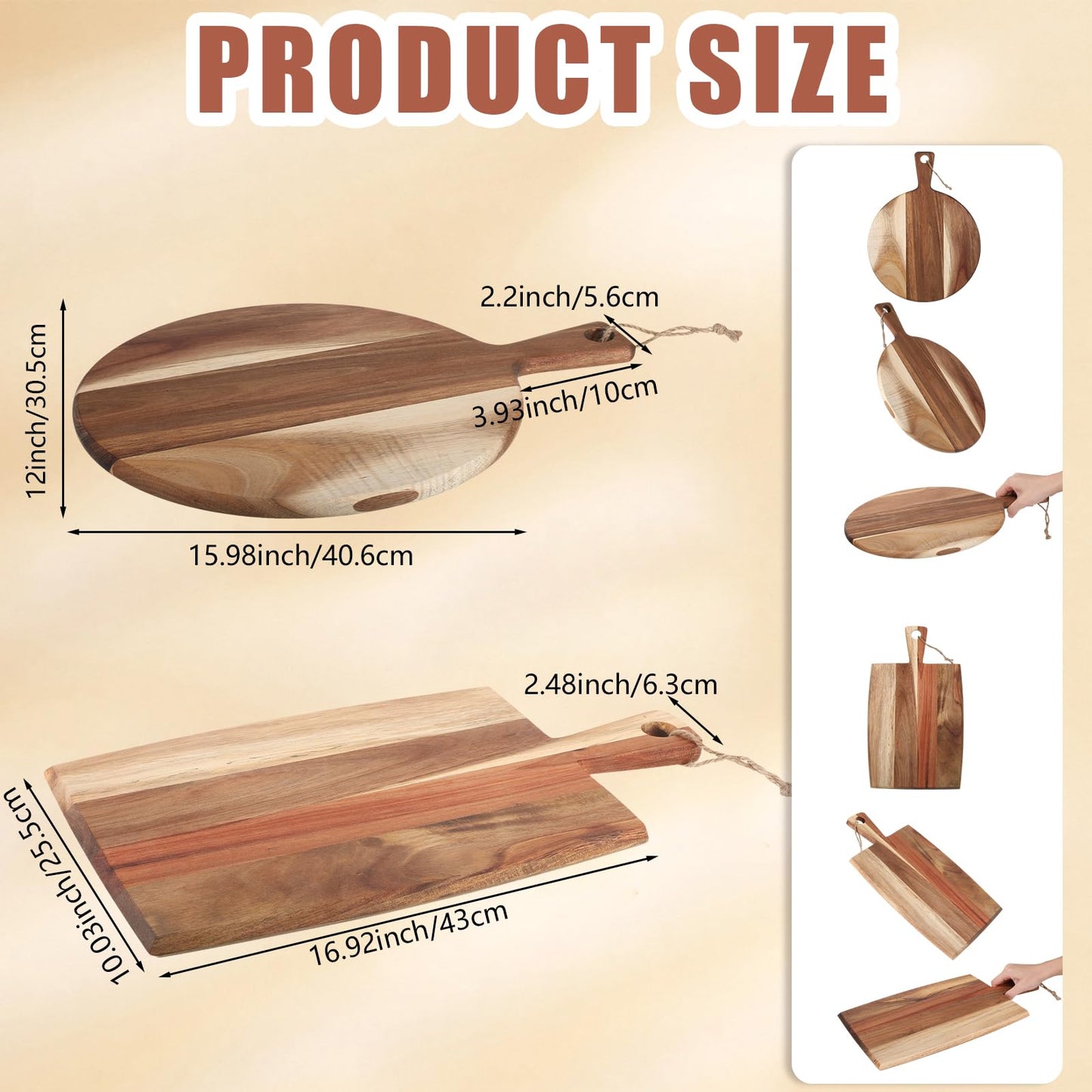 Hsei 2 Pcs Acacia Wood Cutting Board with Handle Wooden Charcuterie Board Large Paddle Carving Chopping Set Butter Serving Tray for Cheese Meat Fruit Pizza Bread Baking(Classic Handle)