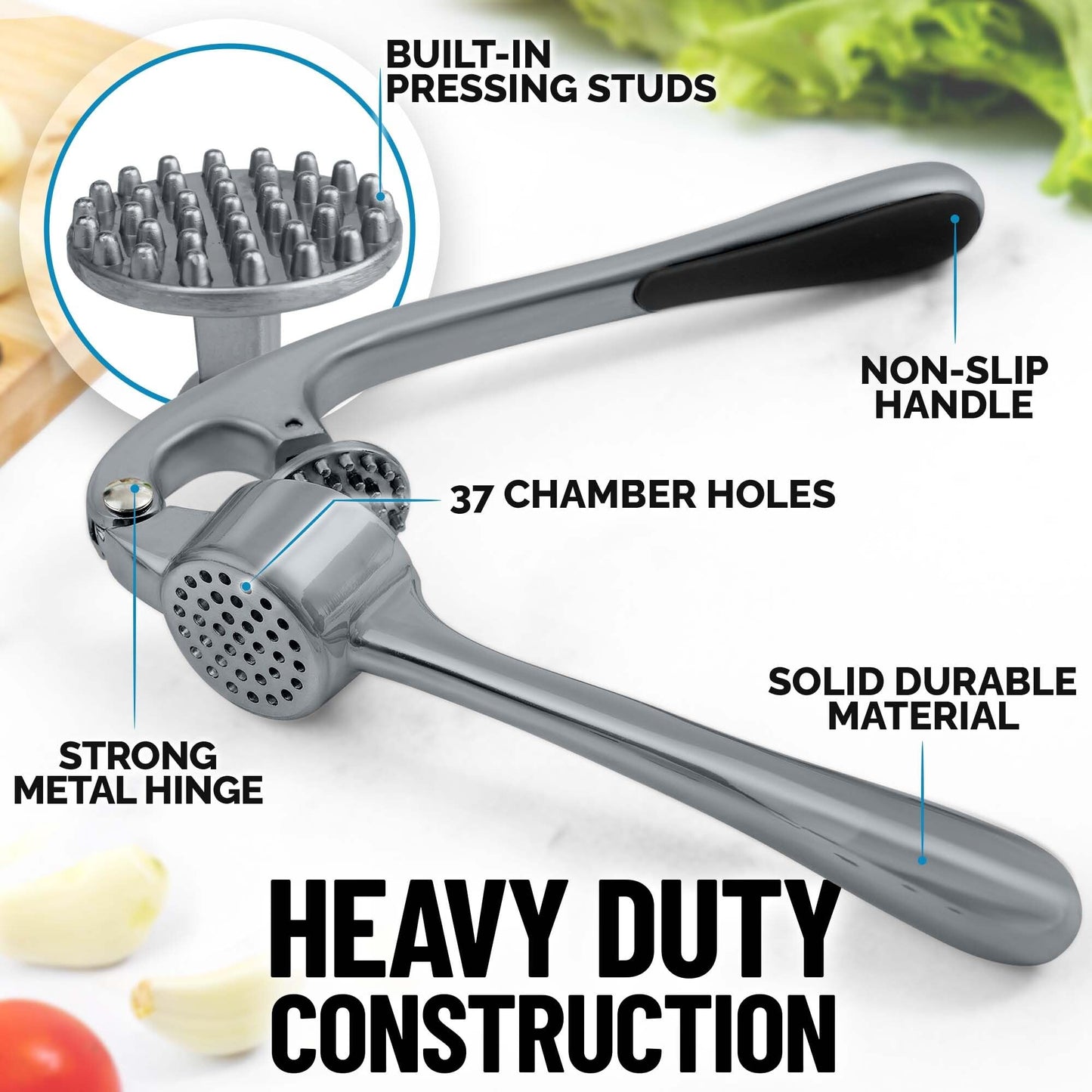 Zulay Kitchen Premium Garlic Press Set - Rust Proof & Dishwasher Safe Professional Garlic Mincer Tool - Easy-Squeeze, Easy-Clean with Soft, Ergonomic Handle - Silicone Garlic Peeler & Brush (Silver)